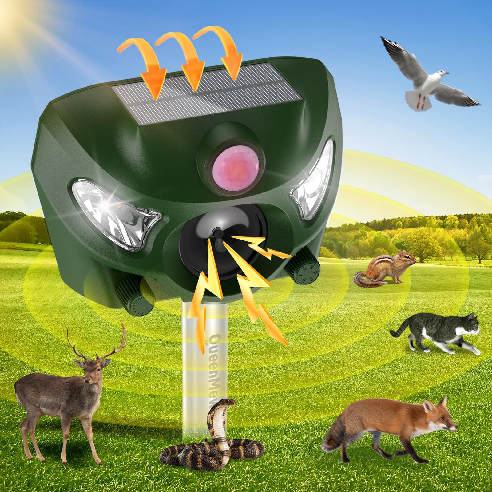 Solar Powered Animal Deterent, Ultrasonic Animal Control Device with Motion Sensor and FIashing Light, Waterproof Outdoor Animal Repellent for Deer Squirrel Raccoon Cat Bobcats, Frequency 18kHZ