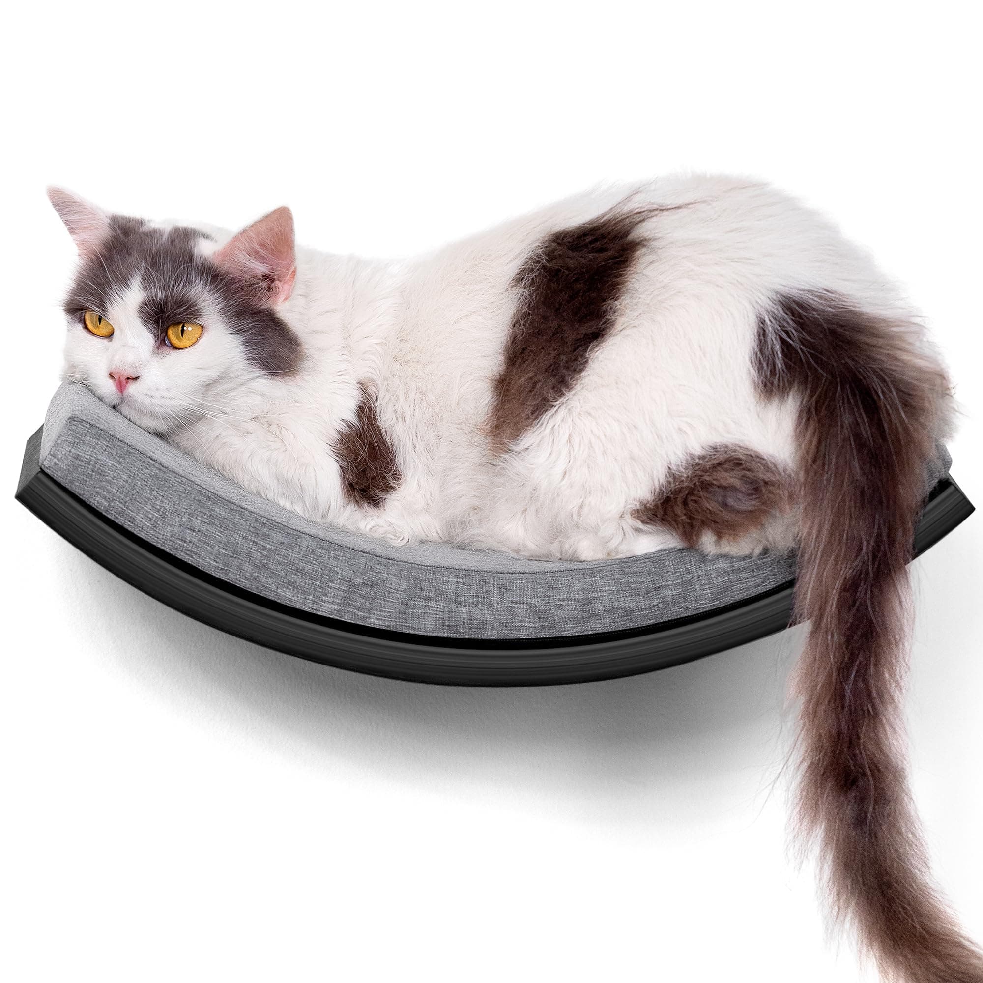 Curved Cat Wall Hammock Bed with Grey Foam Cushion – Floating Cat Wall Shelf Nest for Climbing, Sleeping & Lounging