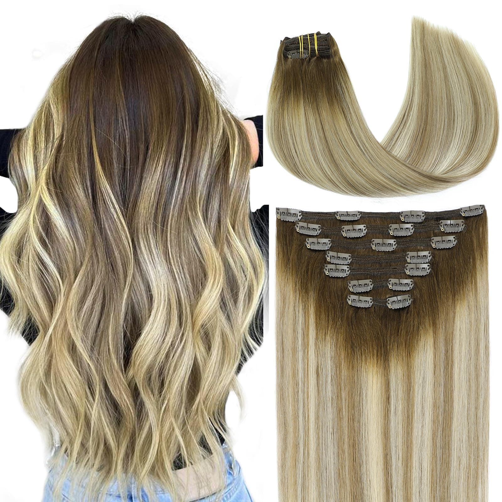 VINBAO Clip in Hair Extensions Human Hair 7pcs 160g Balayage Color 3 Brown Fading to 8 Ash Brown Highlight with 22 Medium Blonde Human Hair Extensions 22inch Double Weft (7C#3/8/22-22Inch)