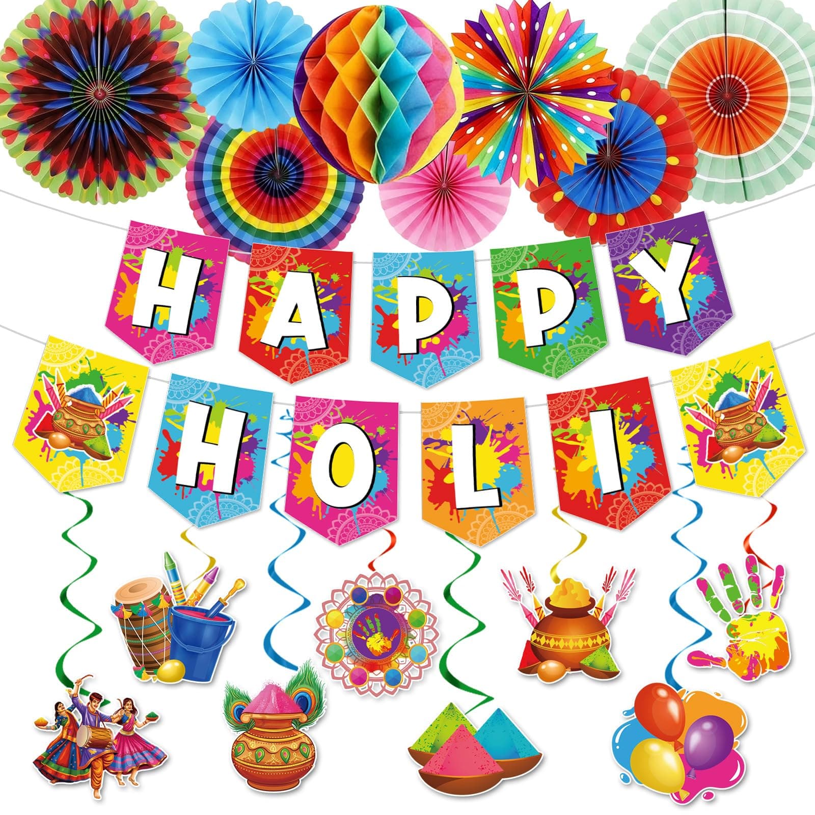 Papiailove Happy Holi Banner Decorations - Colorful Holi Festival Hanging Decor for Festival of Colors Party Indian Holi Celebration Home Wall Decoration