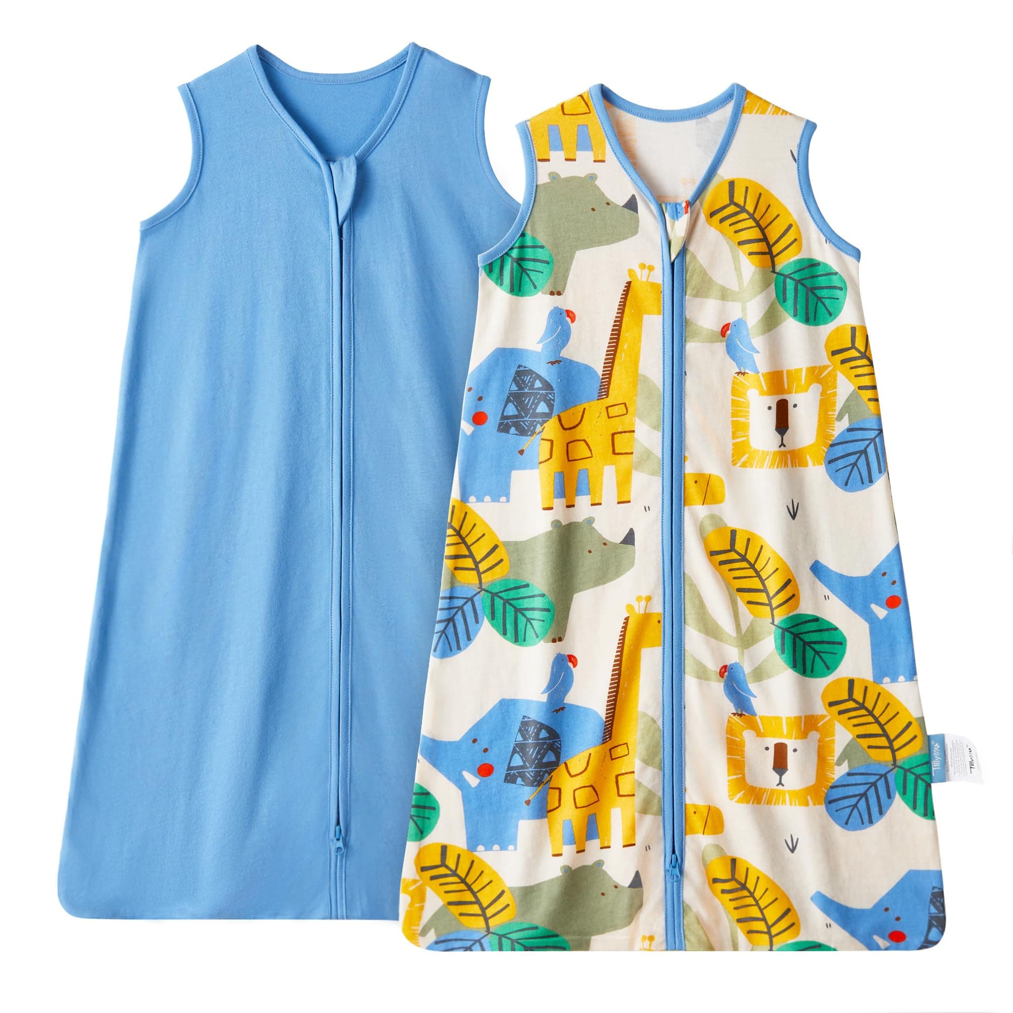 TILLYOU 2 Pack Baby Sleep Sack 6-12 Months 100% Cotton Wearable Blanket 0.5 TOG Sleeveless Summer Sleep Sacks with 2-Way Zipper, Animal Geometry & Blue