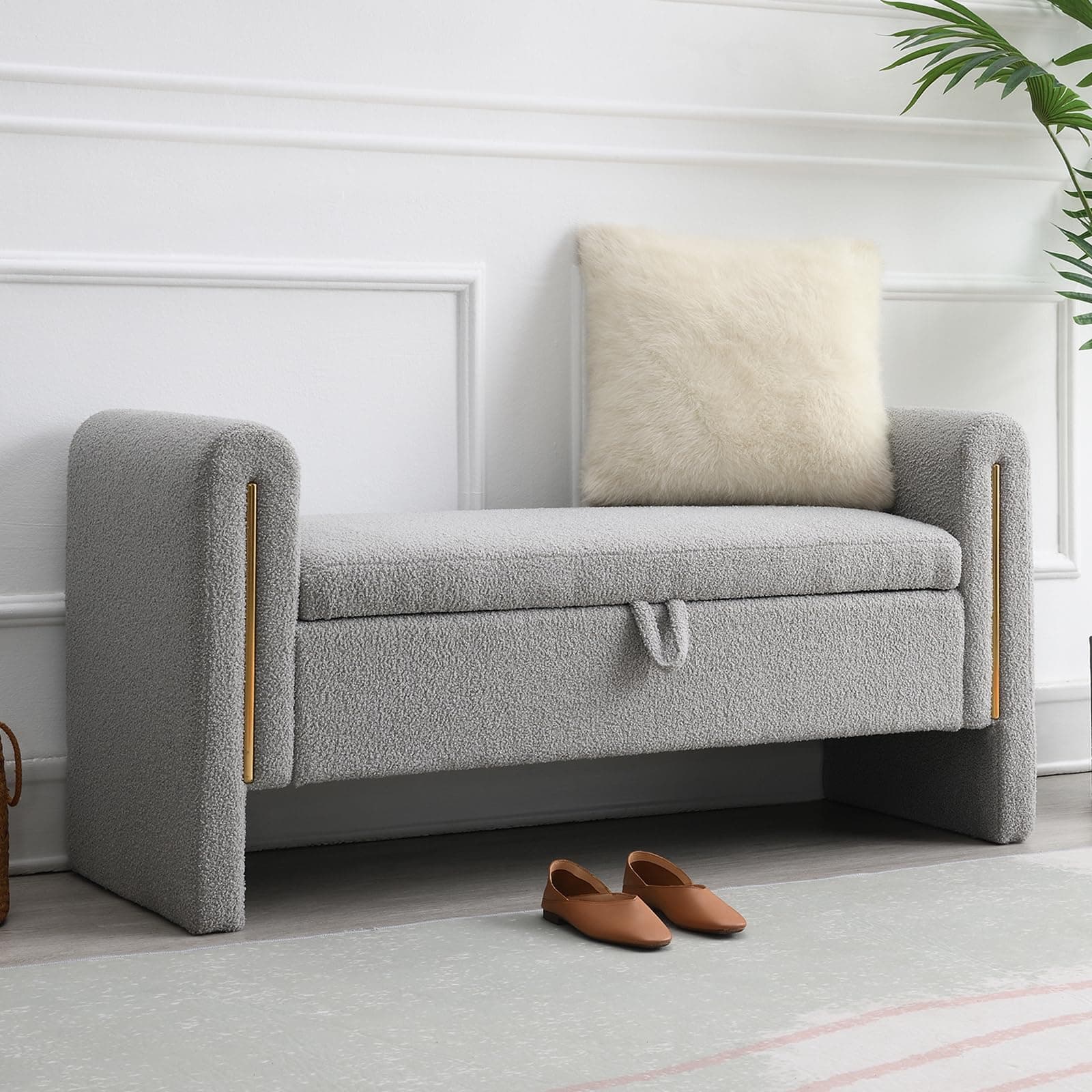 NIOIIKIT 52" Storage Ottoman Bench, Teddy Upholstered Storage Bench with Armrest, Entryway Bench with Pull-Ring, End of Bed Bench with Storage, Bed Bench, Window Bench for Living Room (Grey)