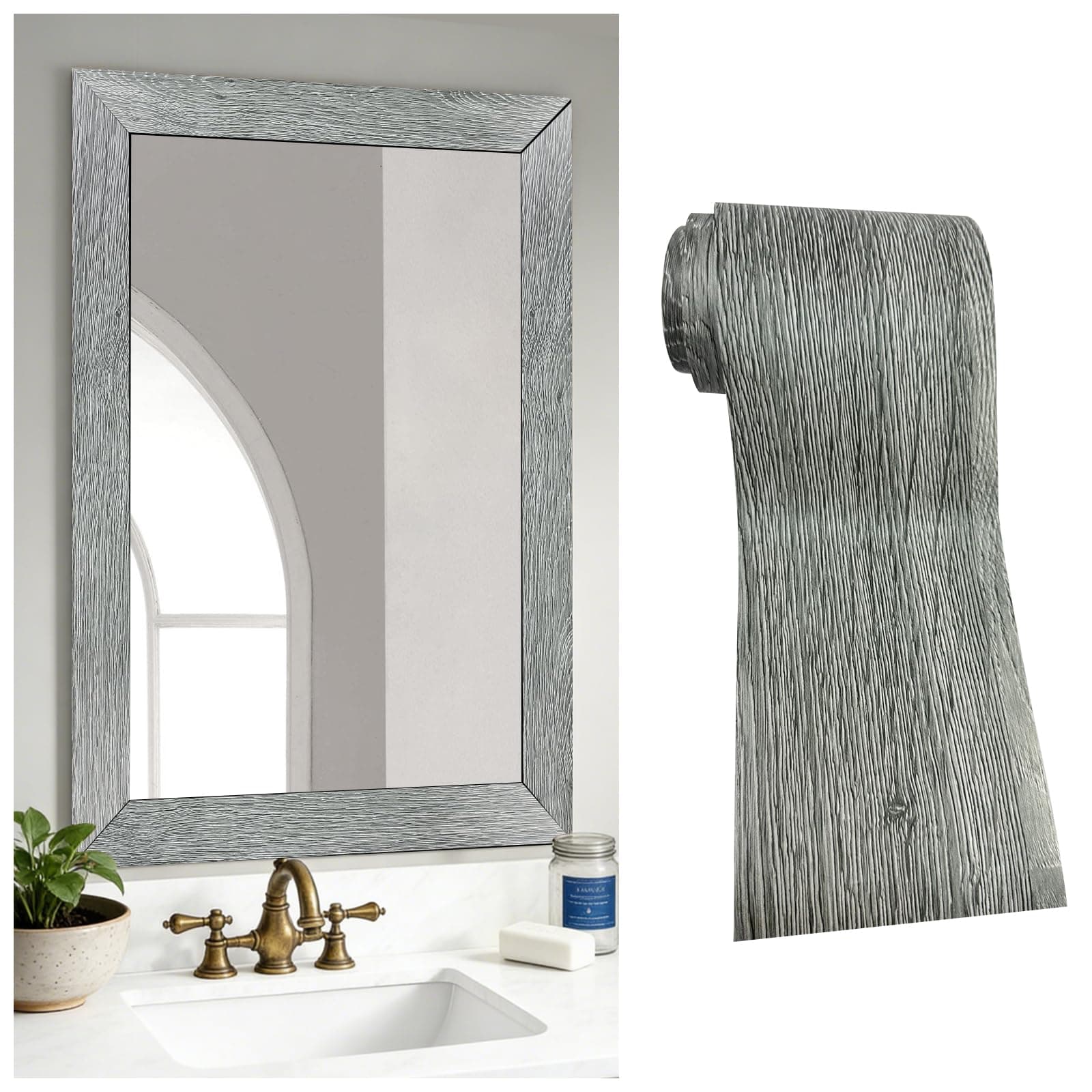 DESOMINOR 27FT Black Border Peel &Stick Black Wood Grain Wallpaper Border Removable Waterproof Bathroom Mirror Frame Sticker (Grey, 2'' x 324'')