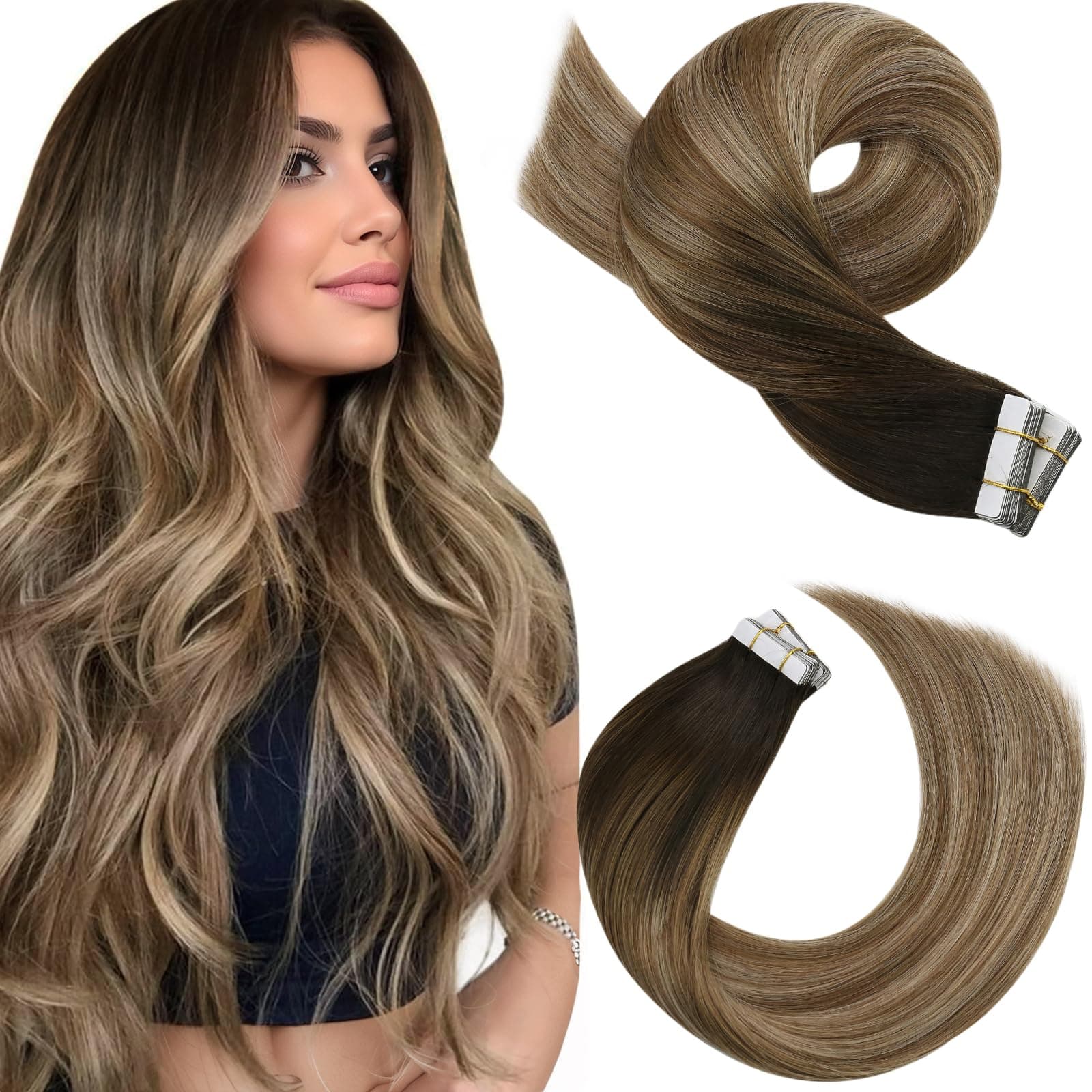 Moresoo Tape in Hair Extensions Human Hair Ombre Dark Brown to Light Brown with Dark Ash Blonde Balayage Hair Extensions for Women Tape in Human Hair Skin Weft Tape Extensions 12 Inch 20 Pcs 30g