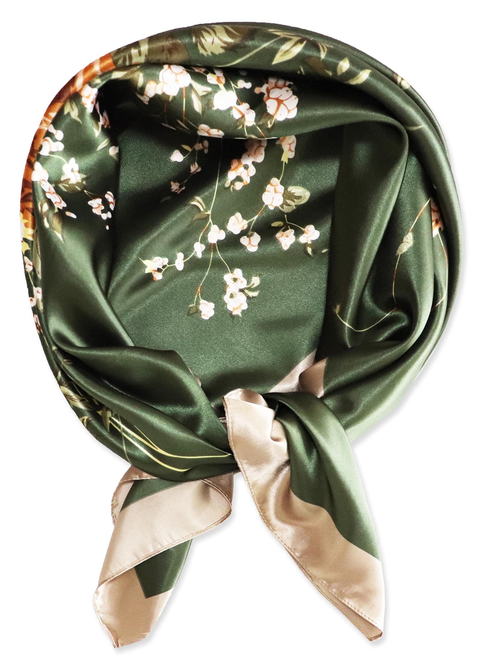 vabovin 35” Silk Scarfs for Women, Satin Head Scarf Neck Scarf Bandana Large Square Headscarf for Hair Wrapping at Night (Floral Dark Green)