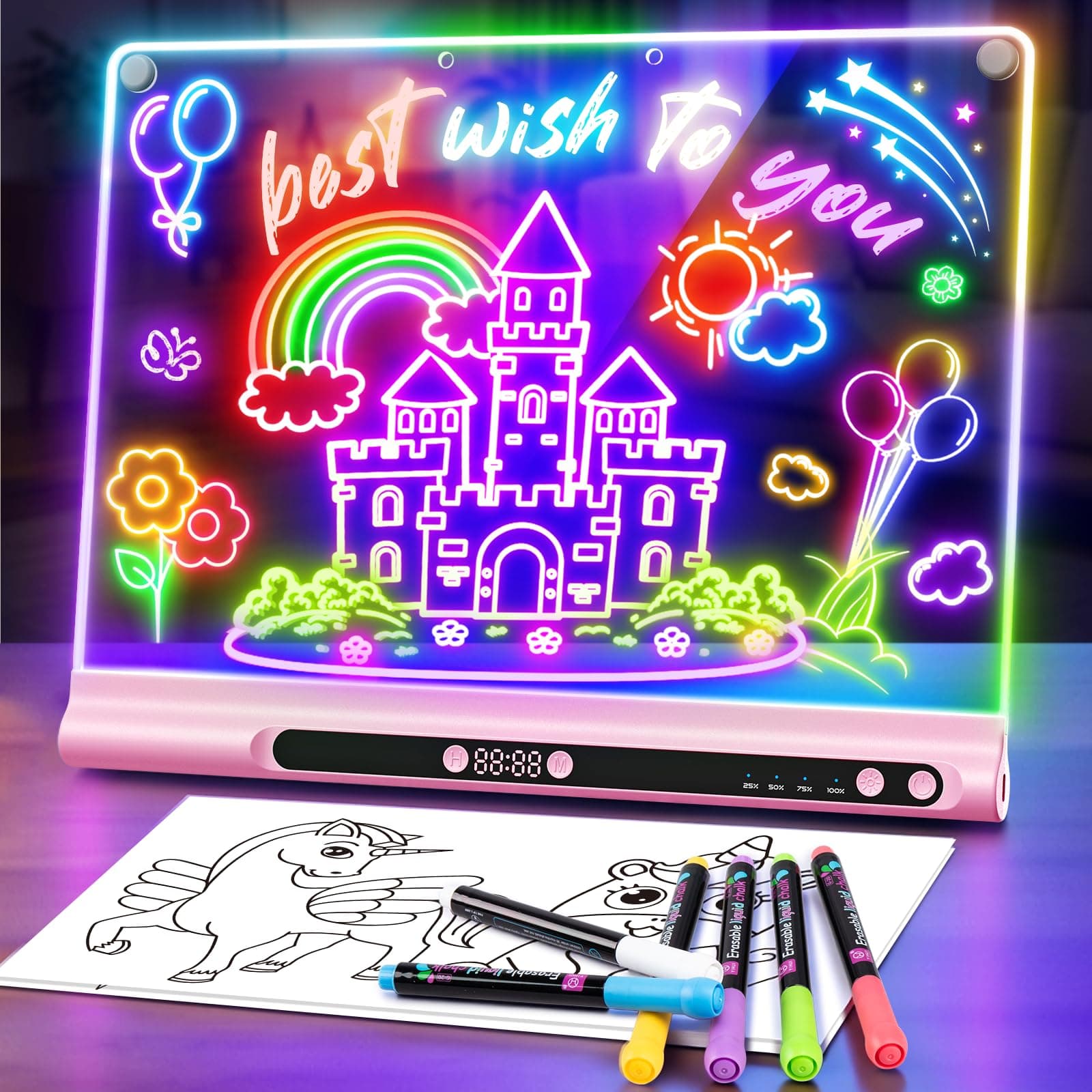 16" Rechargeable LED Drawing Board for Kids, 9 Neon Colors Light Up Dry Erase Art Board with Timer & Built-in Stand, Includes 6 Markers + Tracing Book, Glow Doodle Pad Gift for Kids, Girls & Teens