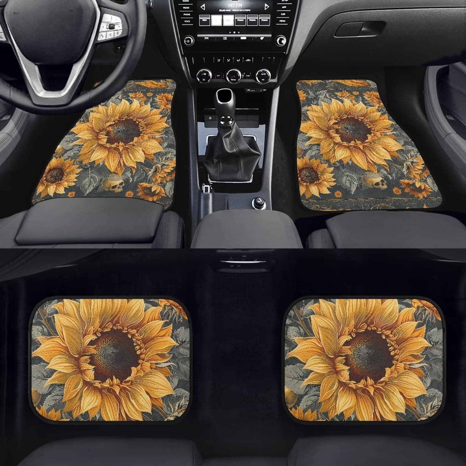 Howilath Sunflower Skull Car Floor Mats Carpet Rubber Backing, Heavy Duty Front & Rear Foot Pads Set of 4 All Weather Universal