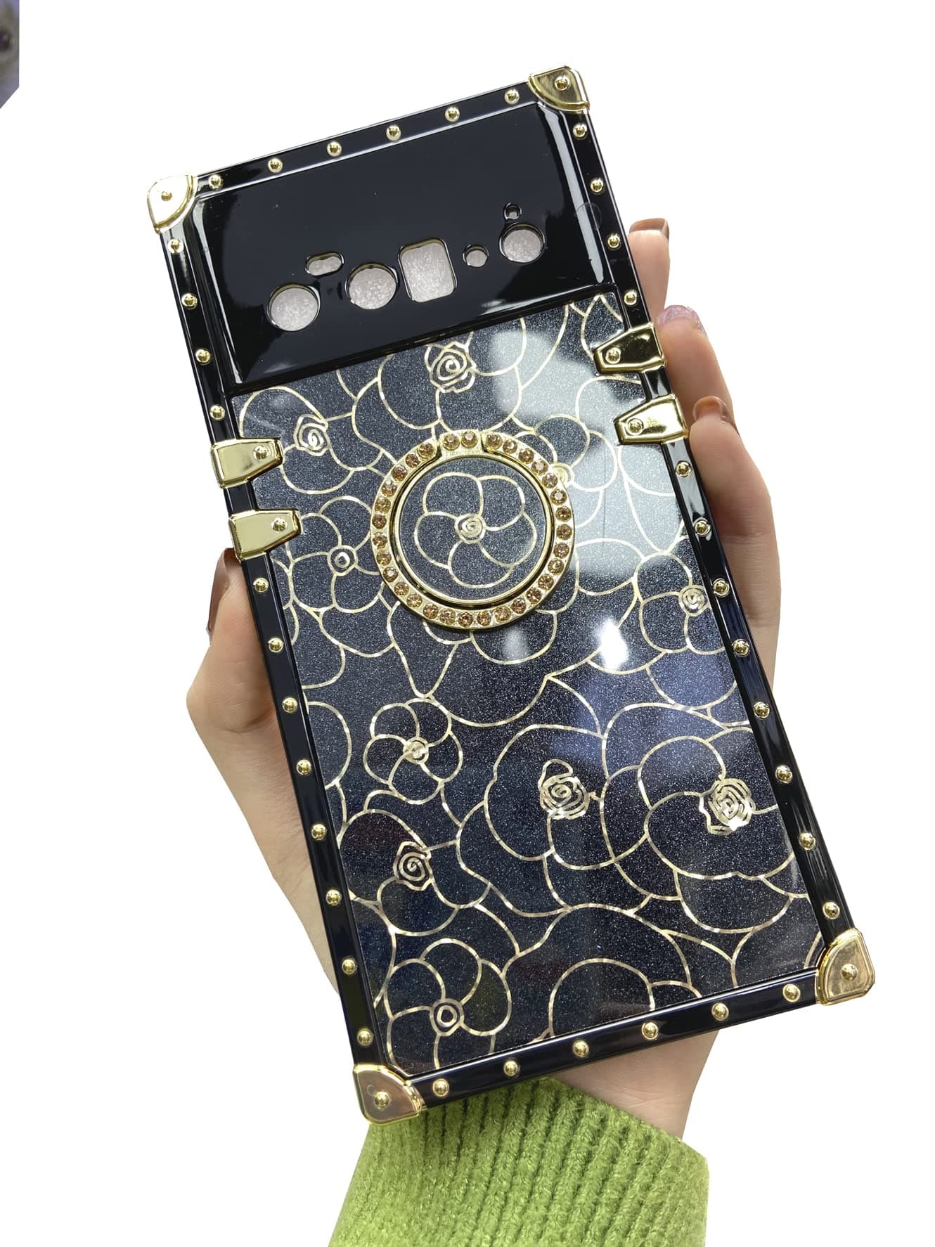 ZBCLV for Google Pixel 6 (not fit Pixel 6 Pro) Pretty Case for Women Girls Luxury Box Trunk Design Cute Gold Flowers Soft Cover with Finger Ring Grip Kickstand Phone Skin,Black