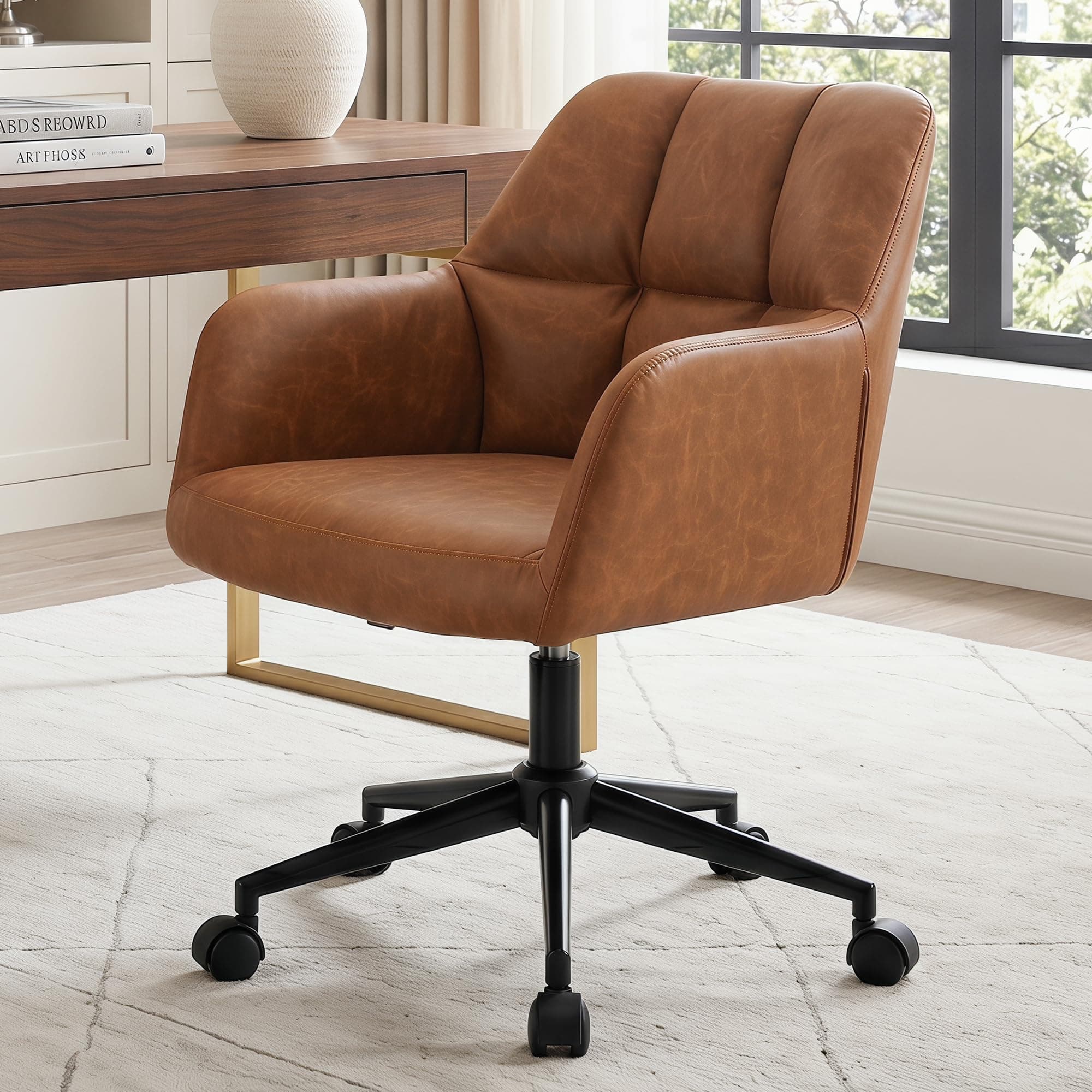 BESTANO Brown Leather Desk Chair Office Chair with Mid Back Support Armrest, Adjustable-Height 360° Swivel Rolling Task Chair Home Office Modern Vanity Chair, Brown