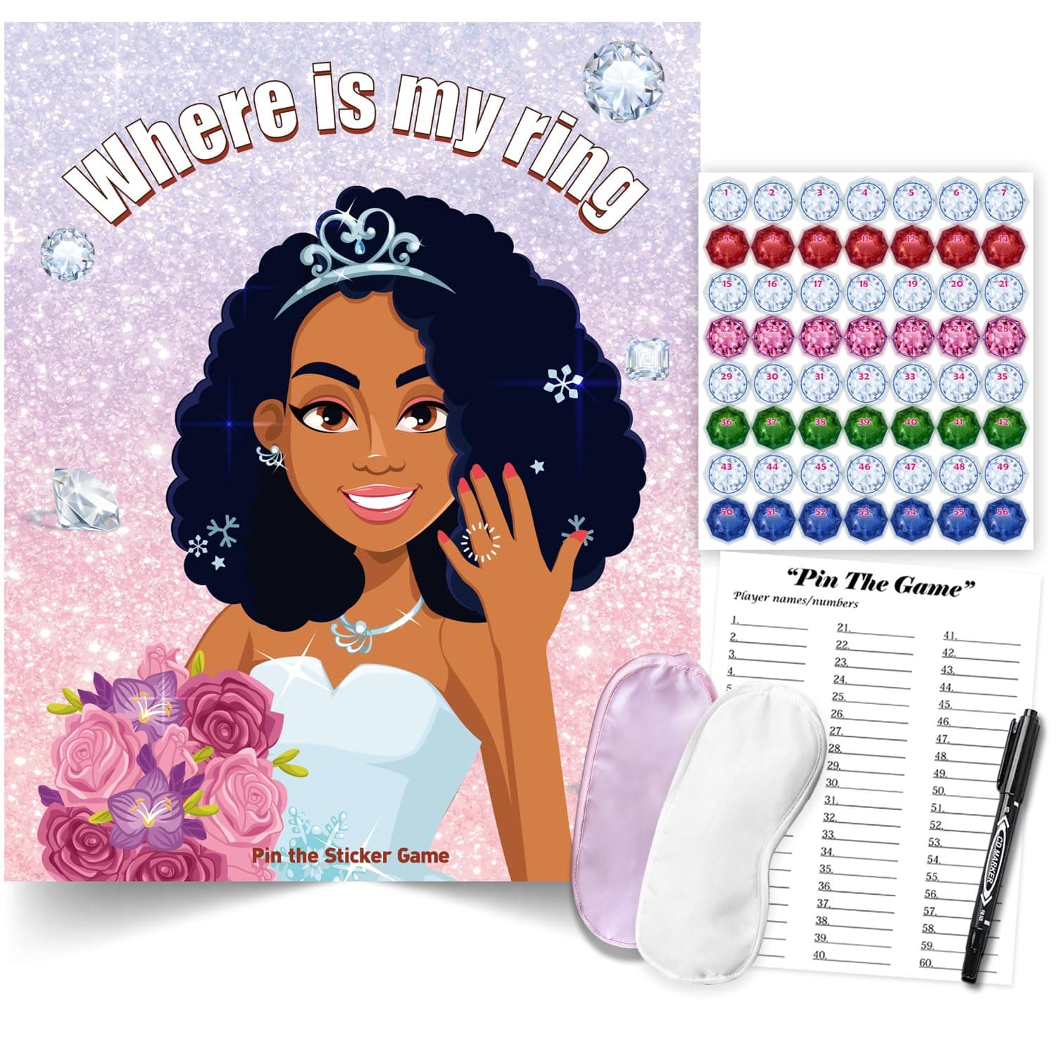 pin the sticker game Bridal Shower Bachelorette Party Games, Pin The Ring on The African American Bride Game, 56 Guests
