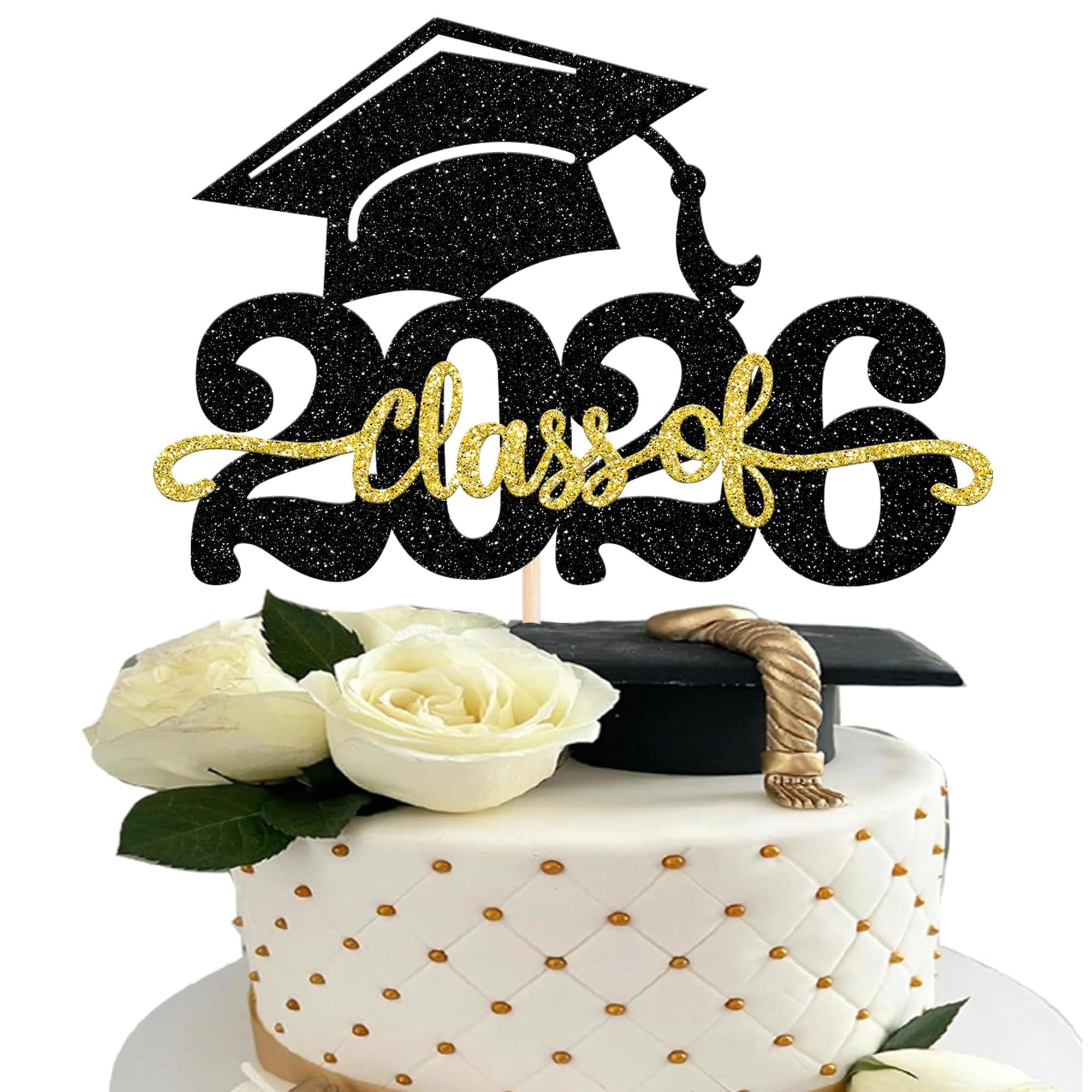YCTHUNFISH 1 Pack Class of 2026 Cake Topper Glitter Congrats Grad Cap 2026 Graduation Cake Pick for 2026 Graduation Theme High School Boys Girls Graduate Party Cake Decorations Supplies Black Gold