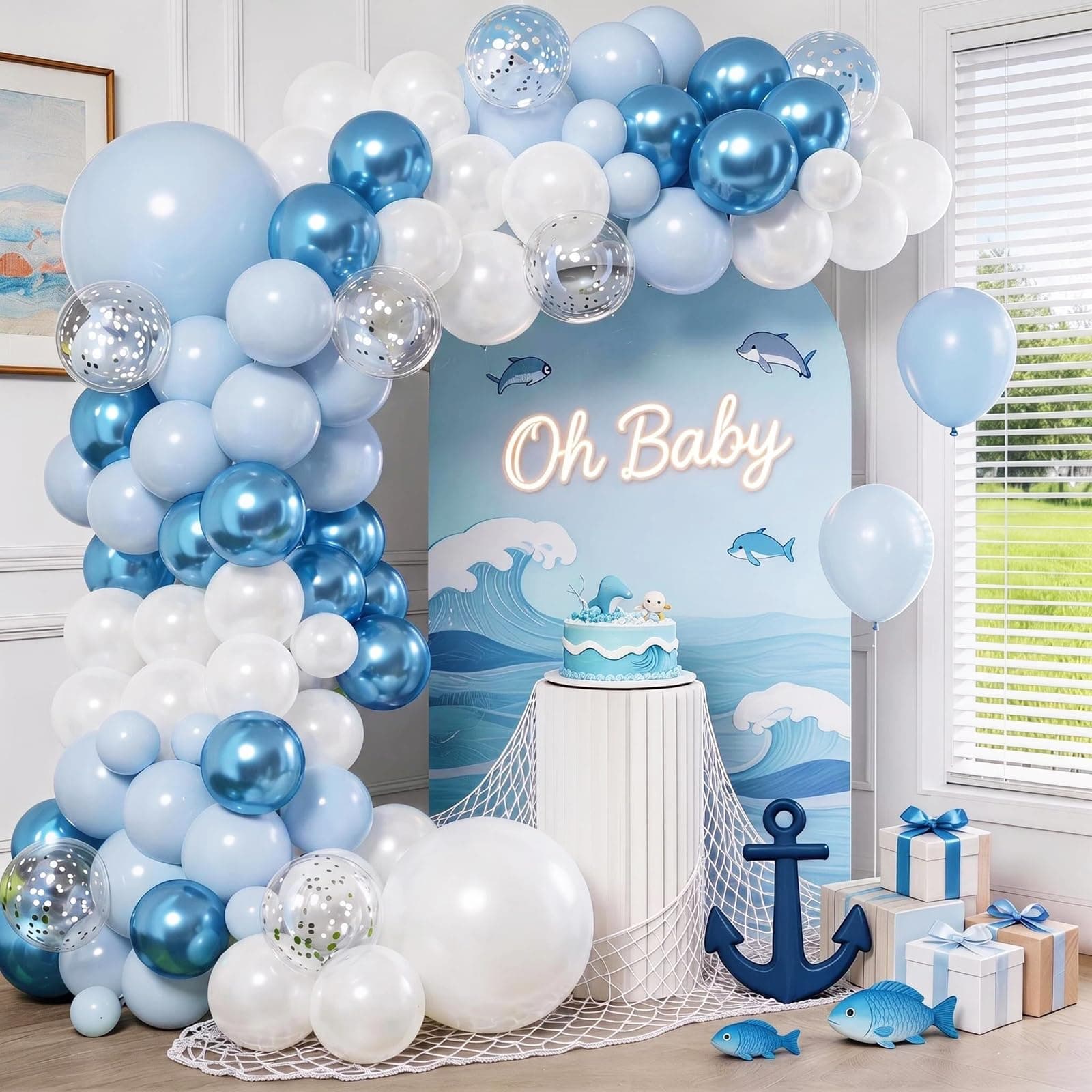 KARLURE Blue Balloon Arch Kit Garland, Baby Blue Balloons White Silver Confetti Balloons for Boy Baby Shower Decorations Birthday Bridal Shower Wedding Graduation Ocean Party Decorations