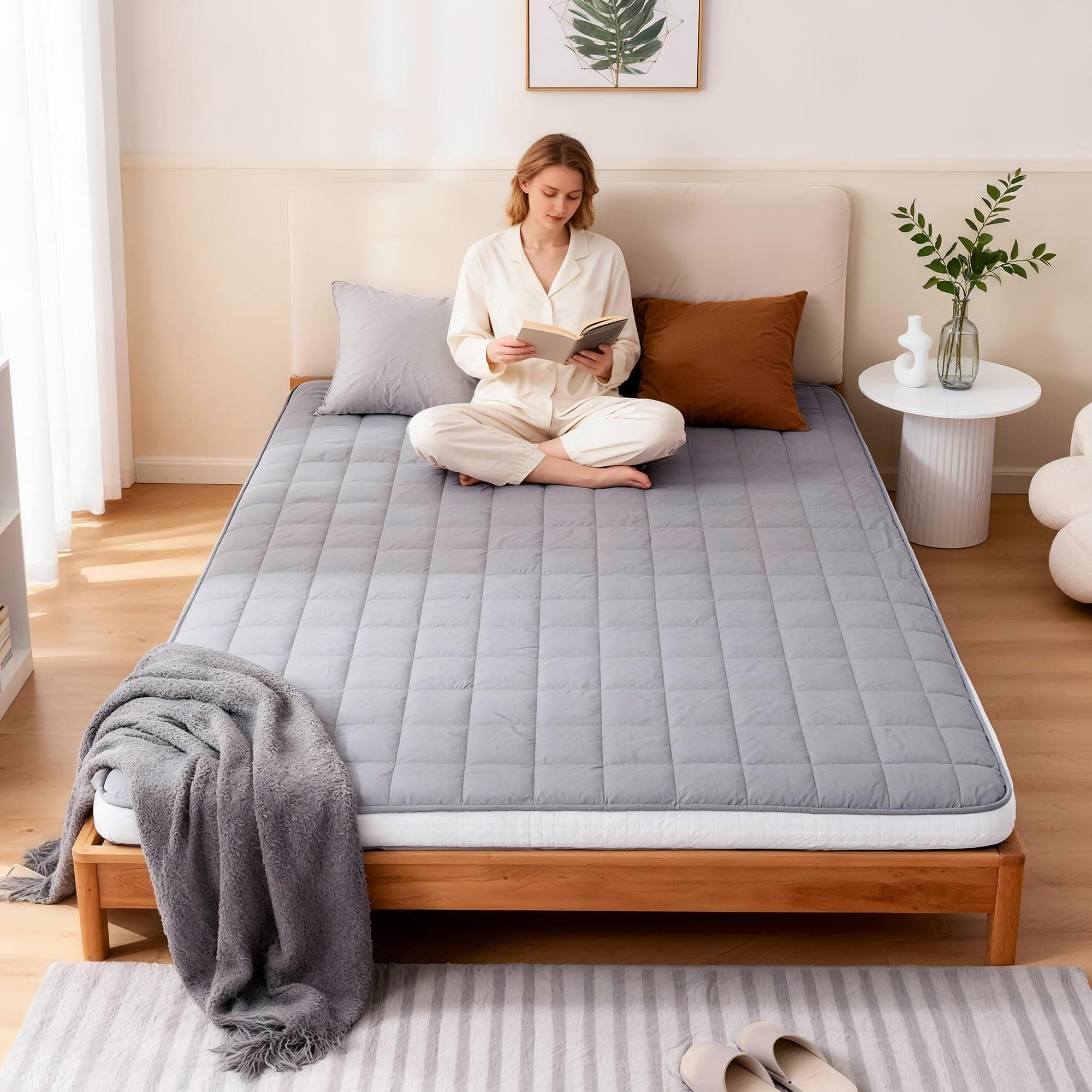 Welnow Japanese Futon Floor Mattress, Queen Size Thick Tatami Mat Portable & Foldable Roll Up Floor Bed Mattress with Storage Bag, Sleeping Pad for Adults, Dorm, Guest Bed, Camping and Travel, Grey