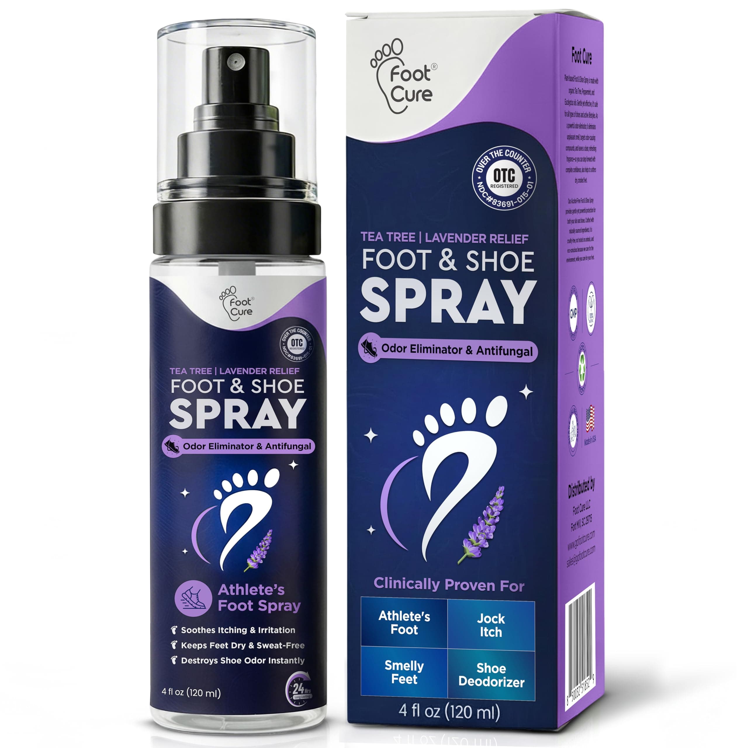 Foot Cure Shoe Deodorizer Spray - Tea Tree | Lavender Shoe Deodorizer for Smelly Feet, Athletes Foot Spray Odor Eliminator and Sweat Control | Removes, Controls & Prevents Odors - 120ml Made in USA