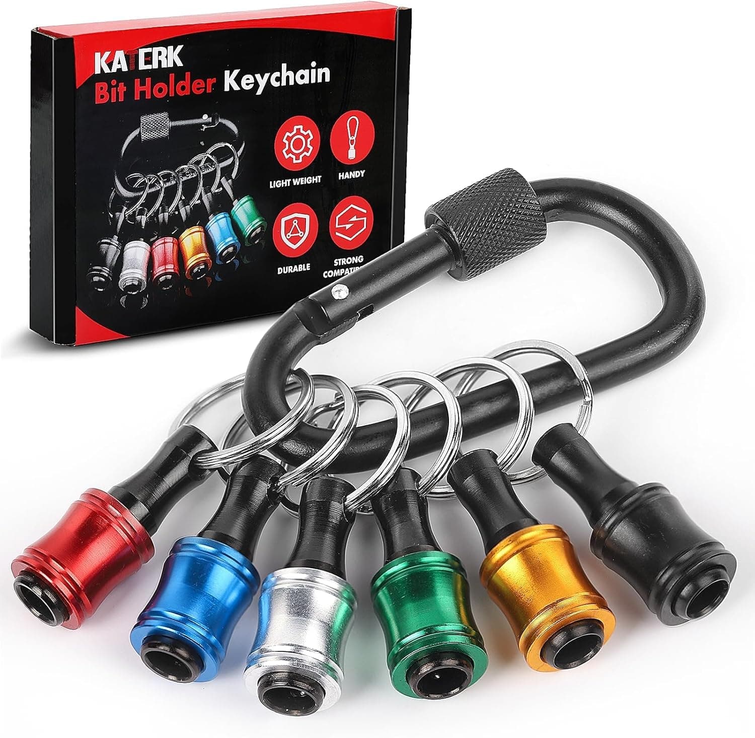 Upgrade, Push to Unlock,katerk 6pcs 1/4 inch Hex Shank Aluminum Alloy Screwdriver Bits Holder Light-weight Quick-change Extension Bar Keychain Drill Screw Adapter Change Portable, With Black Carabiner
