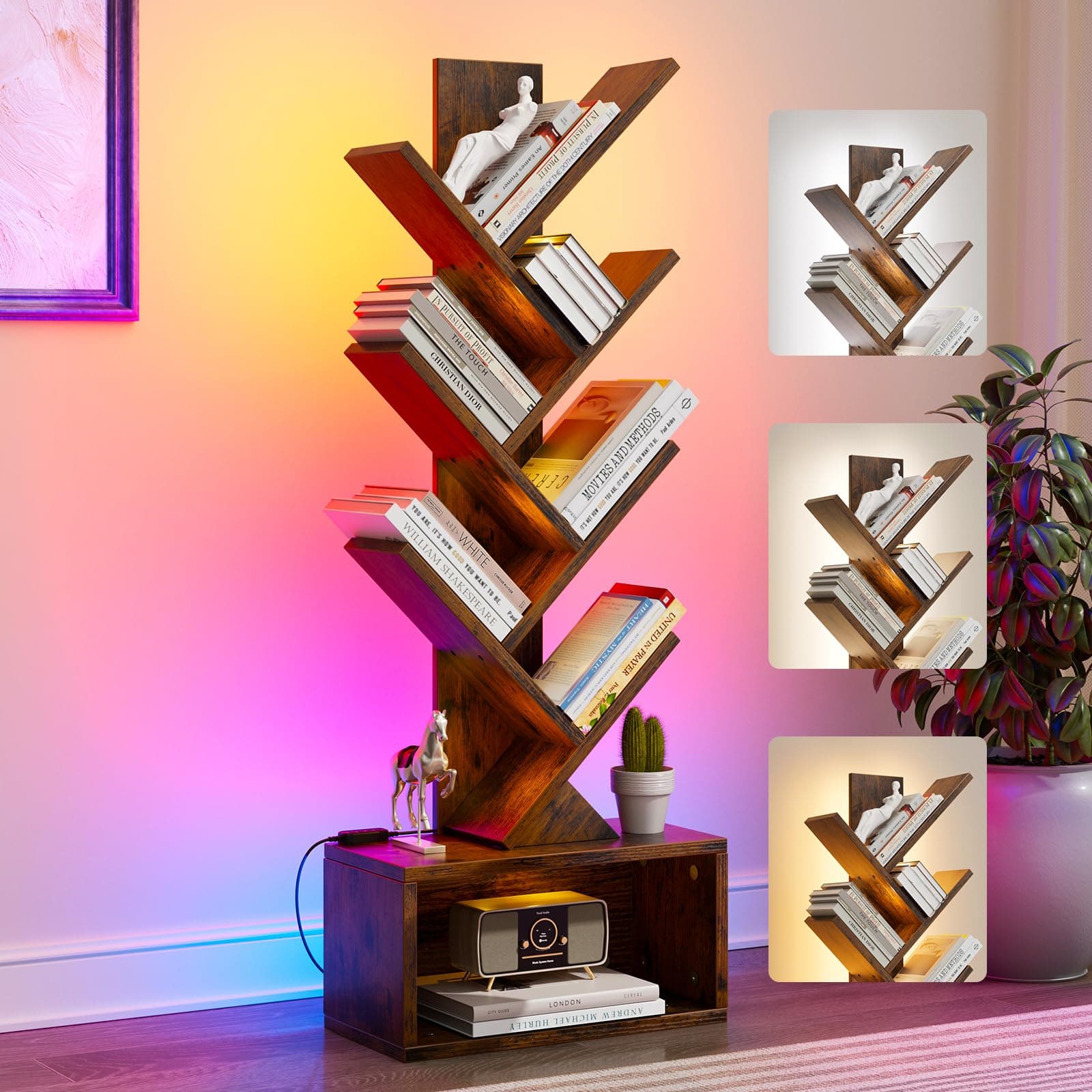 Evermagin 6 Tier Tree Bookshelf with Lights, LED Book Tree Bookcase