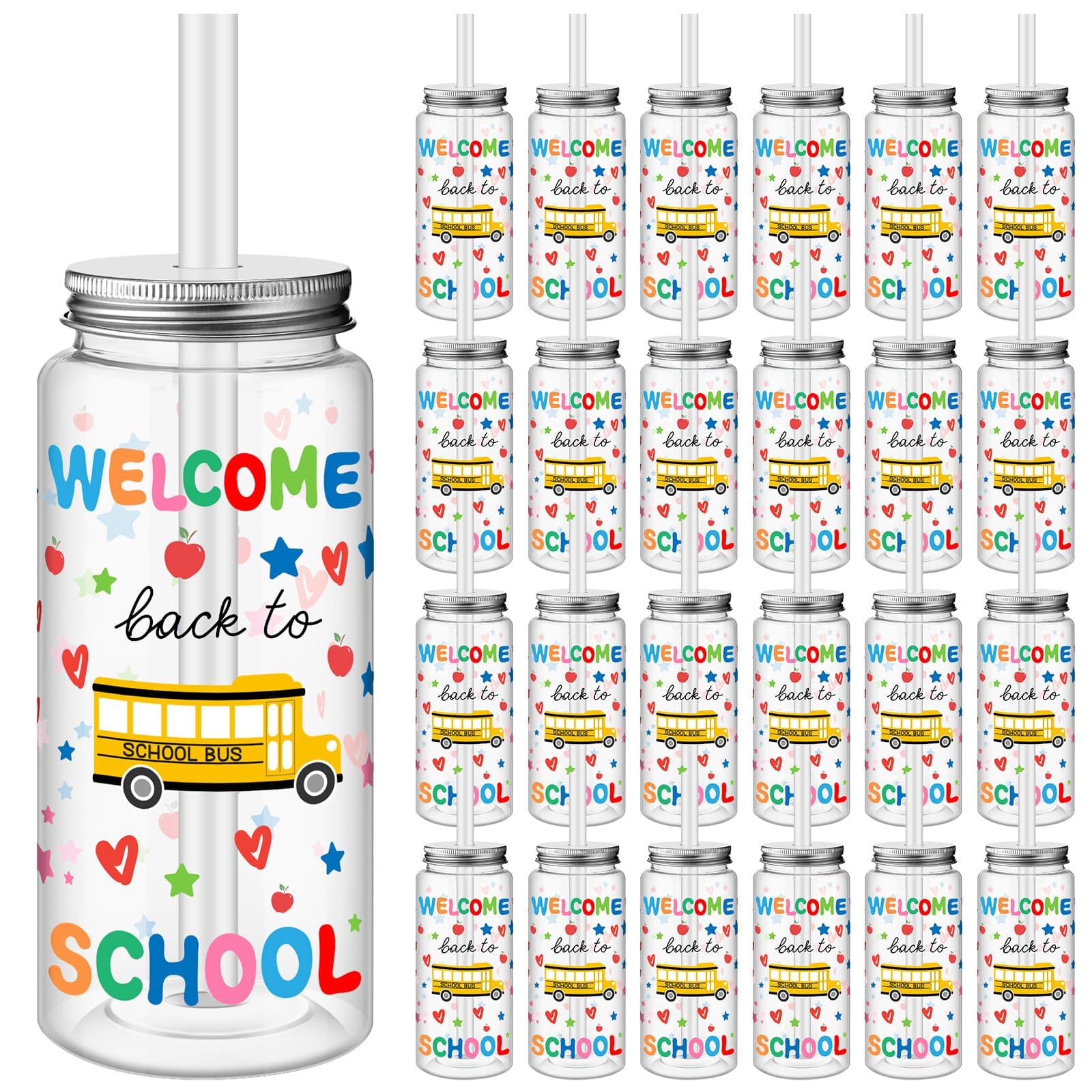 Skylety 24 Pcs Back to School Plastic Cups for Party with Straw and Lid 13. 5 oz Reusable Tumbler Cups Colorful Clear Drink Bottles Containers for Juices Beverage Birthday Party Decorations Supplies