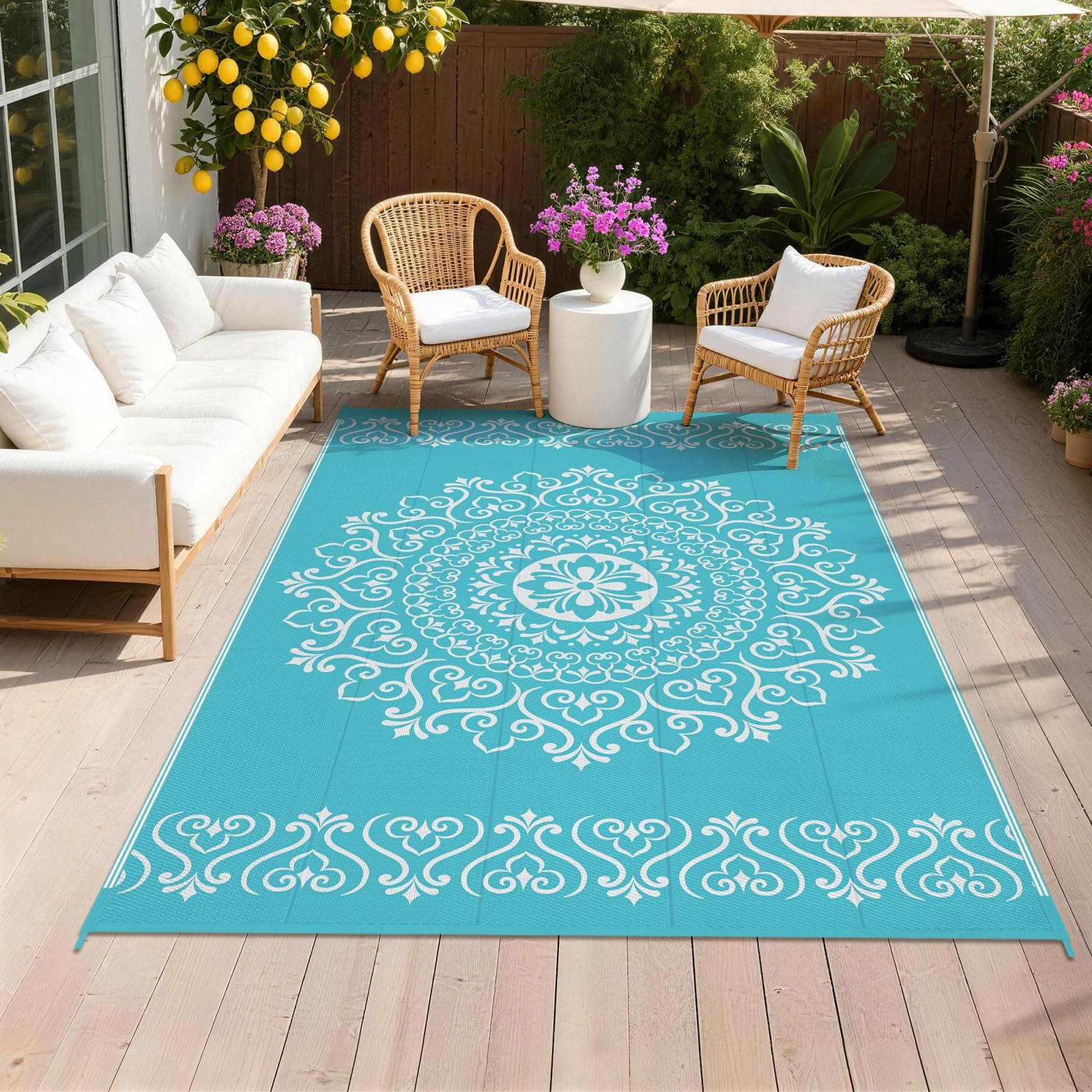 Pauwer Outdoor Rug 5x8, Waterproof Plastic Straw Camping Rug, Floral Teal