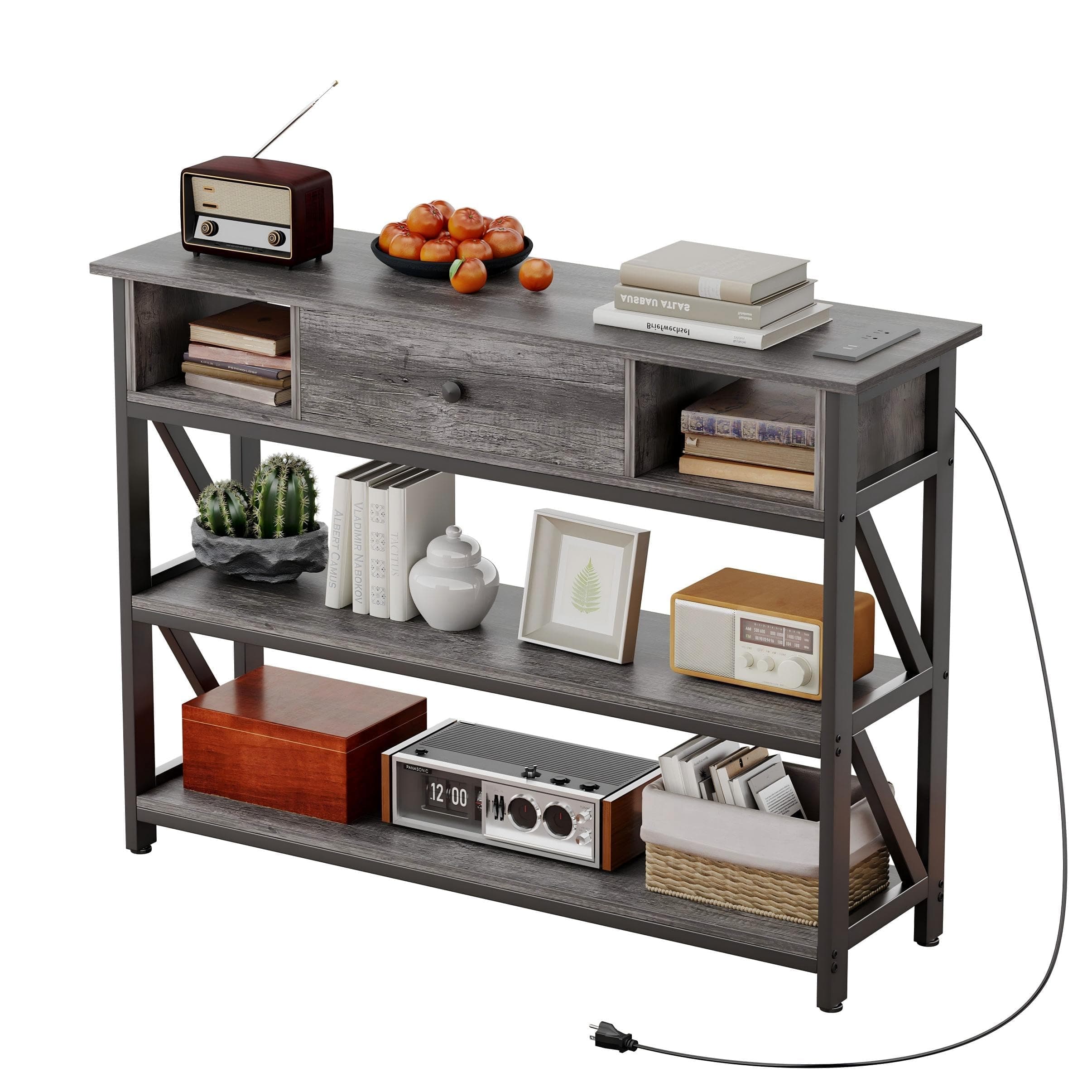 Mexin 39 Inch Console Table with 2 Outlet and 2 USB Ports, Entryway Table with Drawer and Storage Shelves, Narrow Sofa Table for Living Room and Hallway, Grey Oak