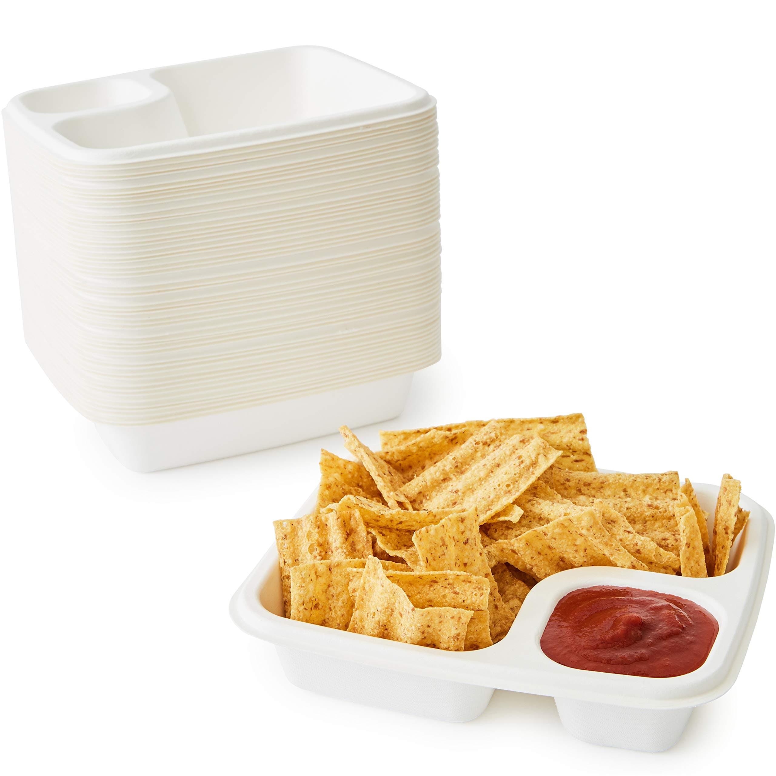 Leak-Free Compostable Bagasse Nacho Trays 50 Pk. Large 2 Compartment Microwave Safe Biodegradable Sugarcane Serving Trays. Durable Divided Holder for Snacks, Nachos, Cheese or Chips and Salsa.