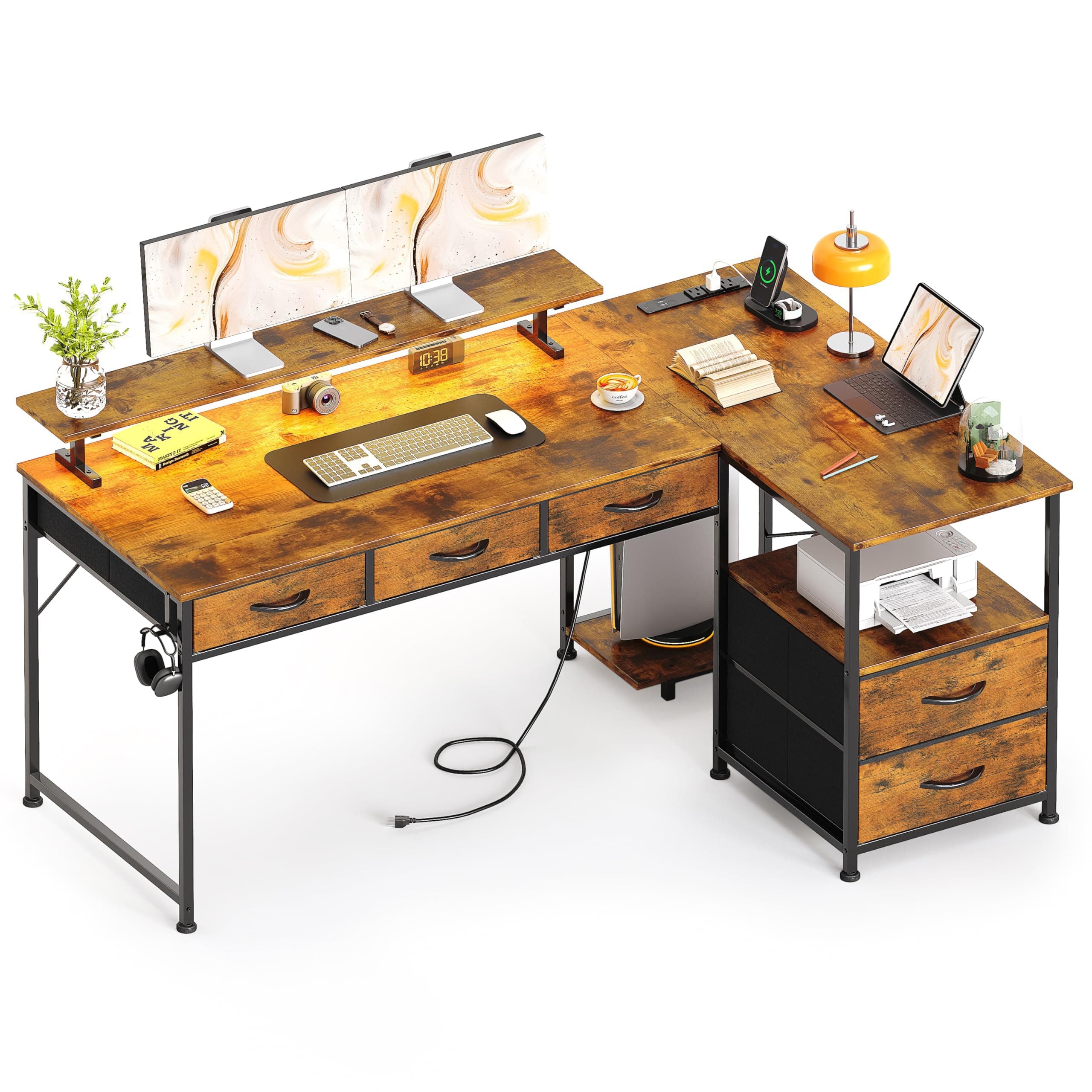 Mexin 55 Inch L Shaped Office Desk with Power Outlets, Reversible Computer Desk with 5 Fabric Drawers, Corner Gaming Desk with LED Light Strip, Study Table Rustic Brown