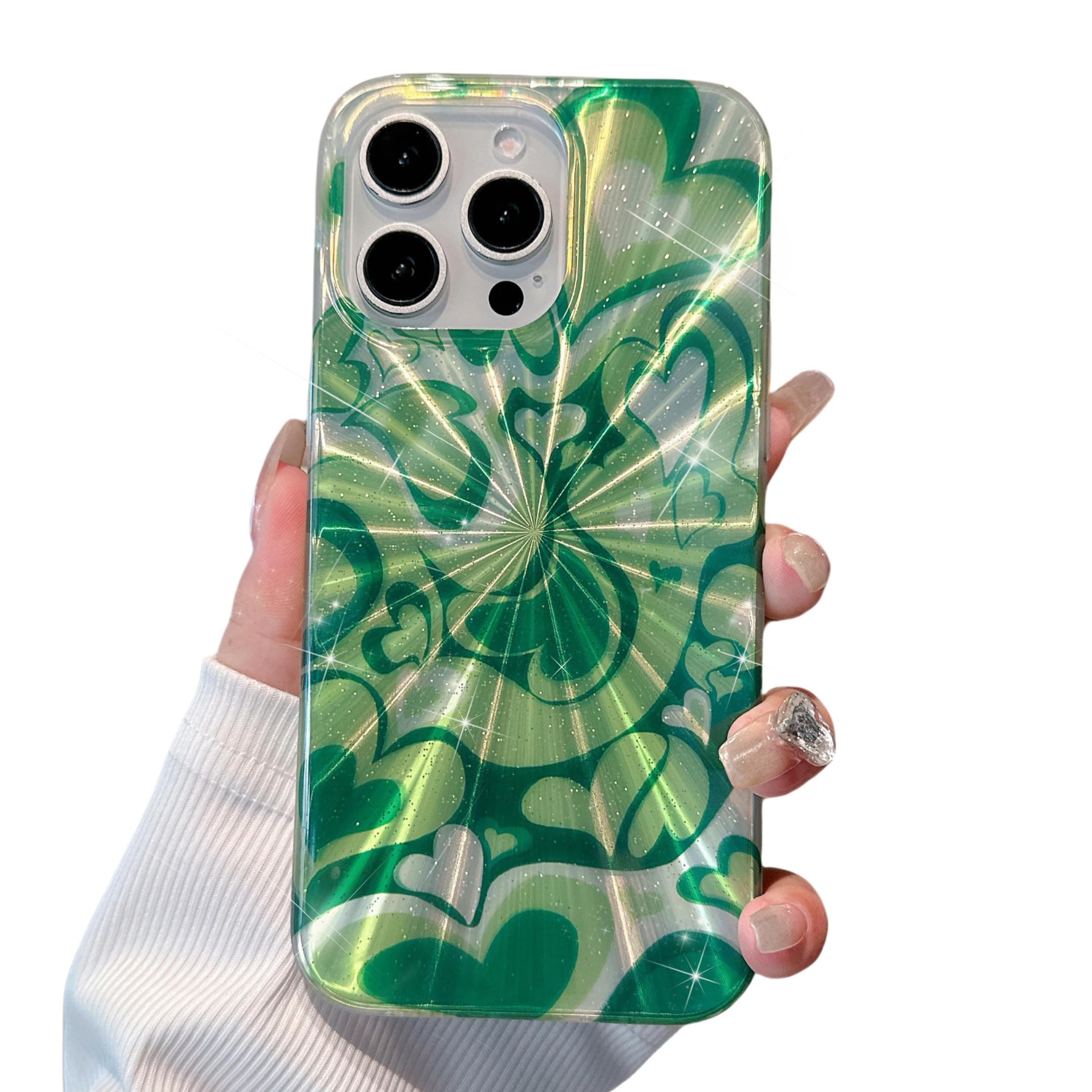 Pretaco for iPhone 13 Pro Case,Glitter Sparkle Bling Latte Love-Heart Aesthetic [McBling Y2K Design] [Scratch-Resistant FIM Tech] [Military-Grade Protection] Luxury for Women Girly-Green