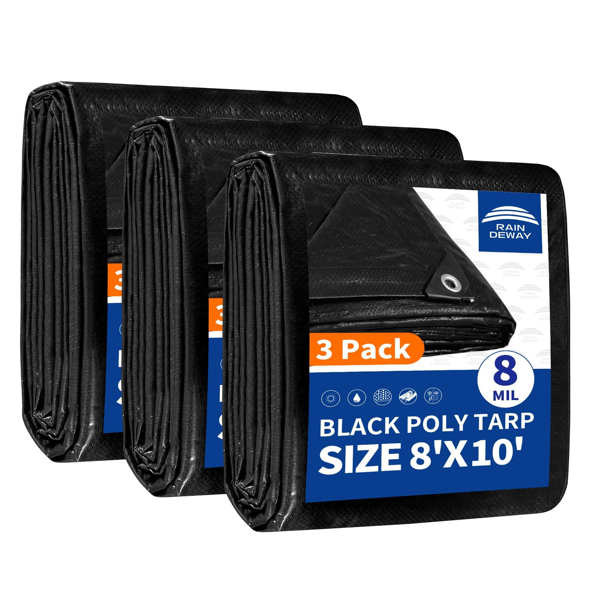 RAINDEWAY Black Tarp 8x10(3 Pack) Feet 8 Mil Waterproof Poly Tarps