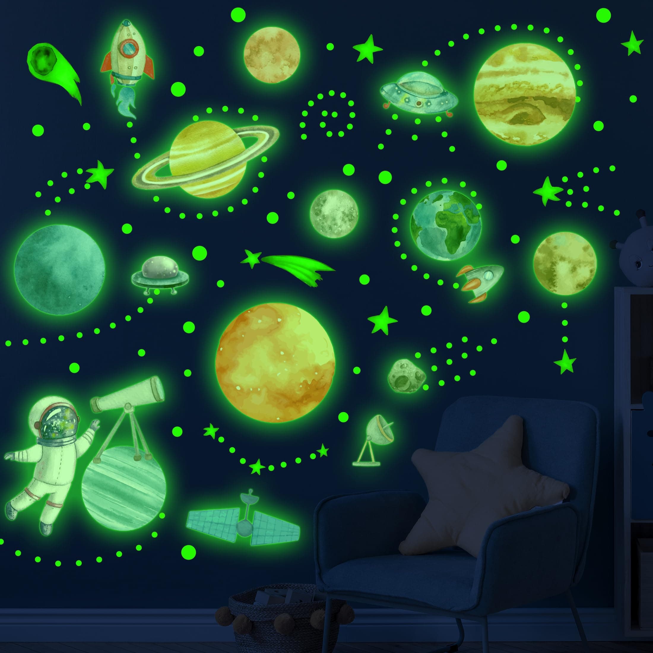 Watercolor Stars Wall Decals Glow in The Dark, Moon Astronaut Wall Stickers for Bedroom, Baby Nursery Planets Decoration for Ceiling （Green)