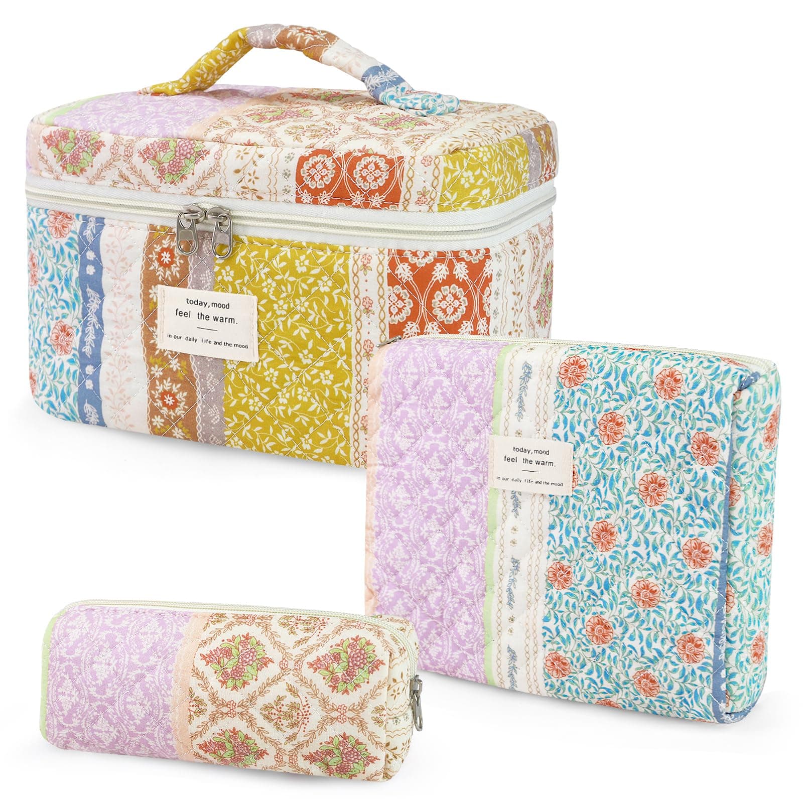 Givurao 3Pcs Cotton Quilted Makeup Bag for Women Girls, Large Floral Cosmetic Bag Set Cute Makeup Brushes Aesthetic Accessories Storage Bag Travel Toiletry Bag Organizer for Women, Boho-3 Pcs,