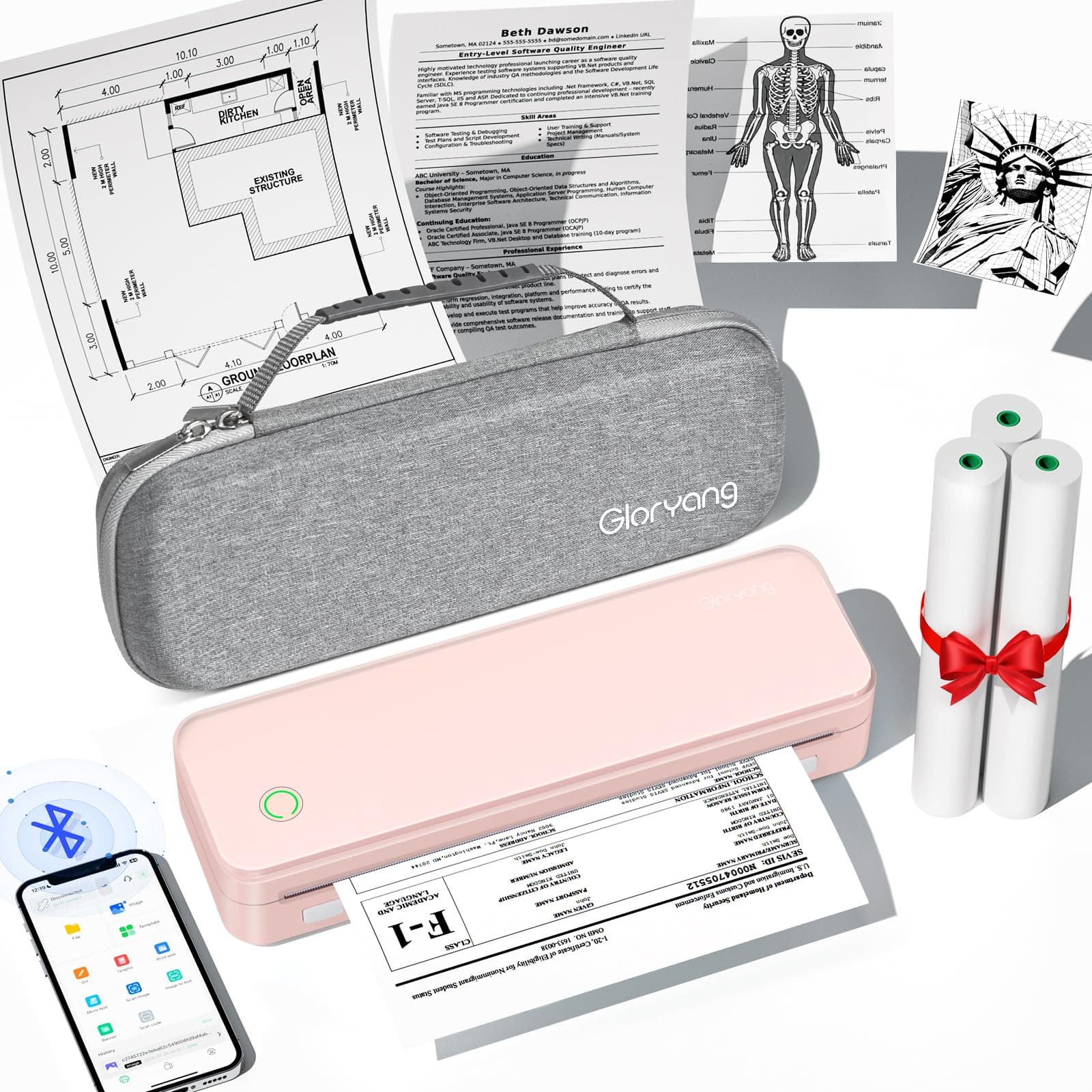 Gloryang Inkless Portable Printer for Travel, Wireless Thermal Printer Supports 8.5 x 11 Inch US Letter Size, Bluetooth Machine Includes Carry Case and 3 Rolls of Thermal Paper Kit, Pink