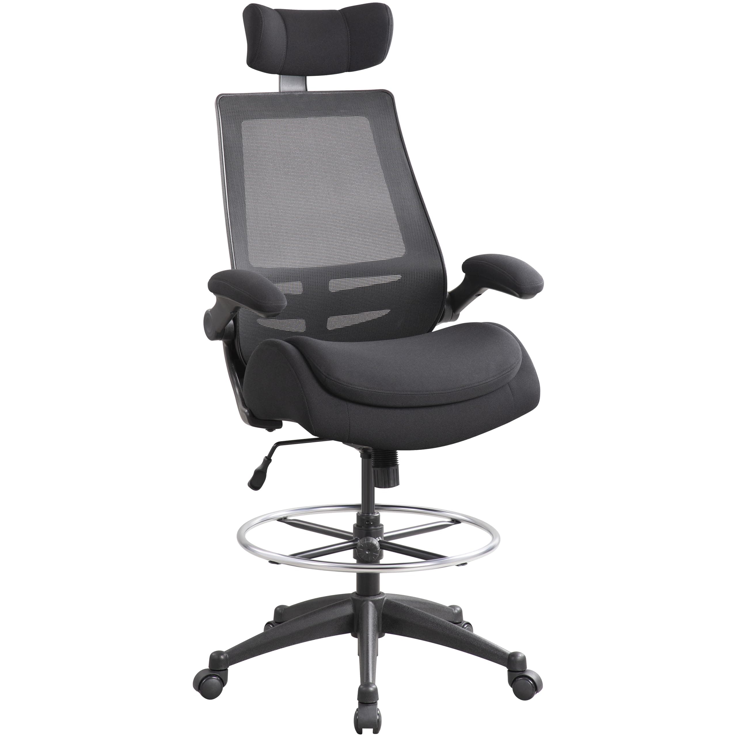 BOLISS Big and Tall Drafting Chair 400lbs - High Back Ergonomic Office Chair for Standing Desk with Double Thick Seat Cushion, Adjustable Foot Ring, Lumbar Support & Flip Up Armrests (Black)