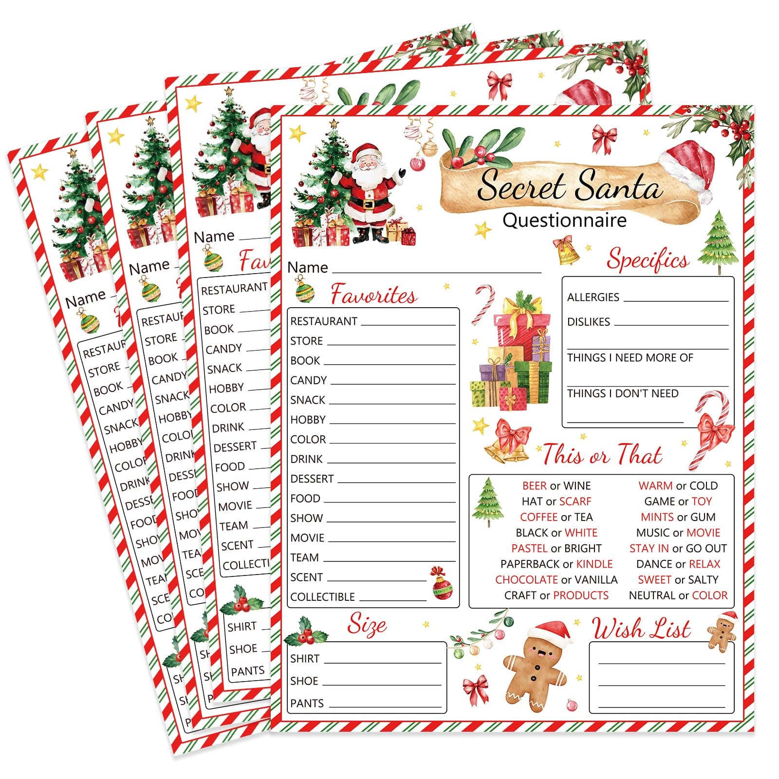 25pcs Secret Santa Questionnaire Forms Christmas List Ideas Fill In The Blank Cards for Xmas Family Friends Gift Exchange Game Party Activities (Watercolor)