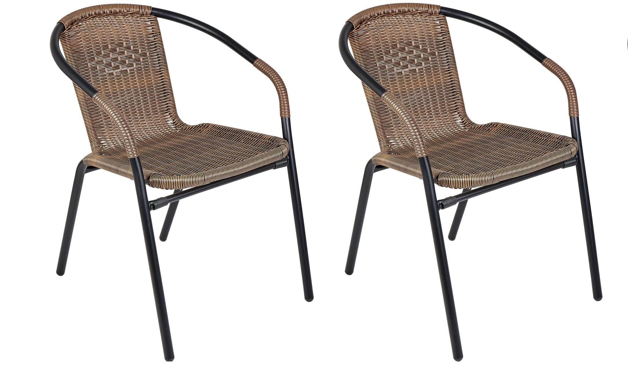 BTEXPERT Indoor Outdoor - Set of Two Brown Patio Backyard Bistro Restaurant Chairs Rattan Stackable Cafe Arm Chairs