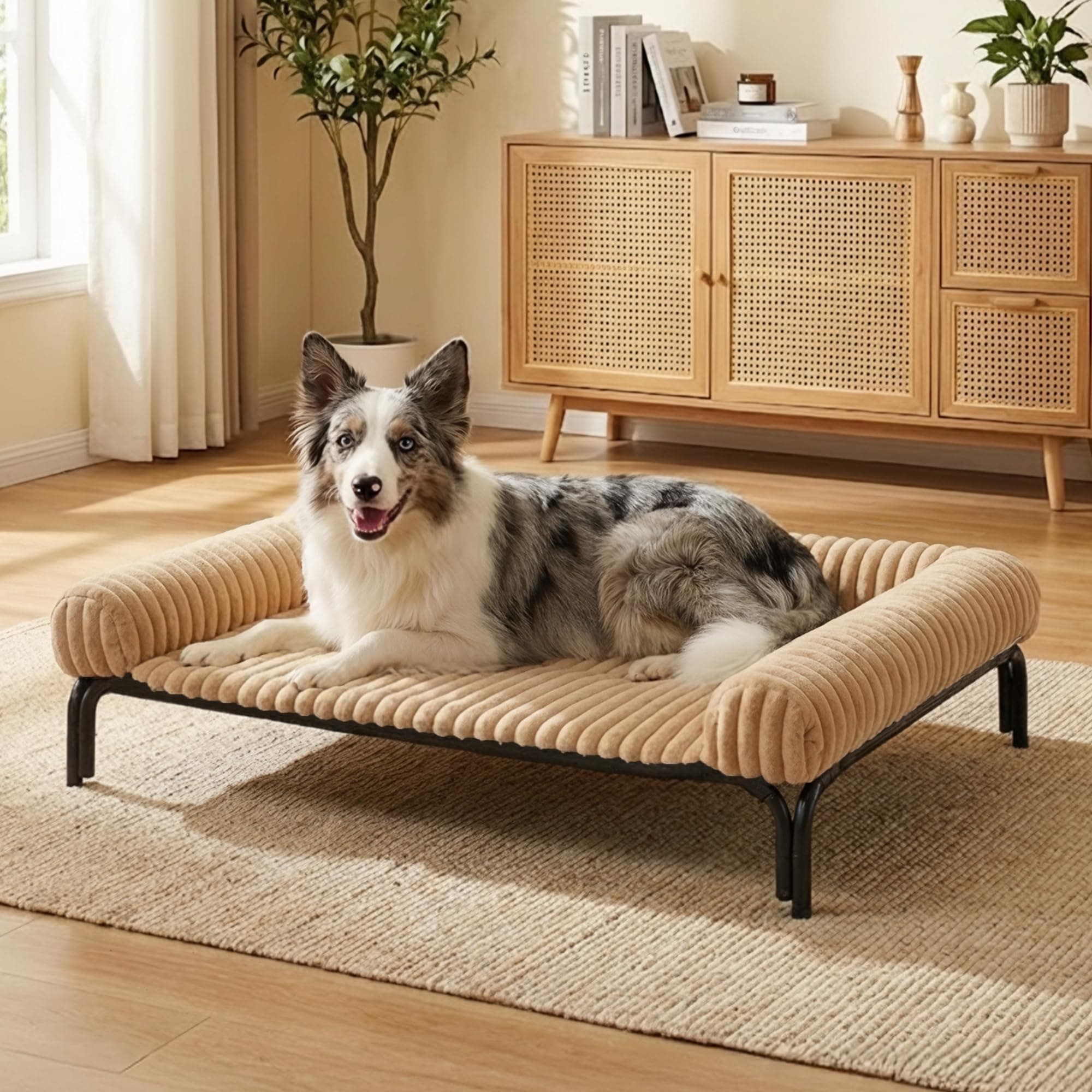 Elevated Dog Bed with Removable Fluffy Pillow Cushion, Raised Pet Cot Washable Bolster, Dog Couch Sofa, Anti Slip Feet, Breathable Mesh, Khaki, 49"×36"