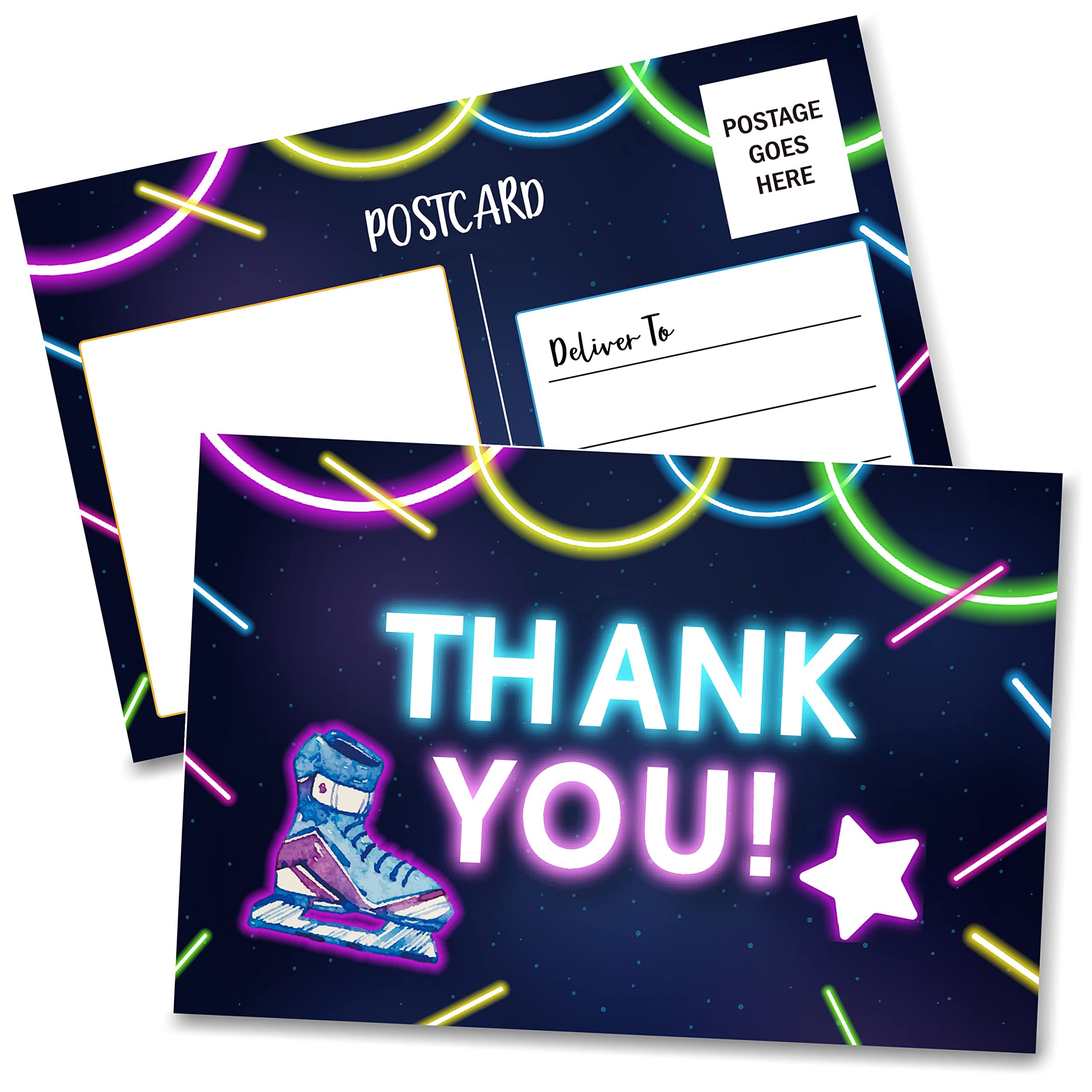 Birthday Thank You Postcards, Neon Roller Skating Thank You Cards for Kids Girls Boys Birthday Party, Baby Shower Party, Set of 20 (A05)