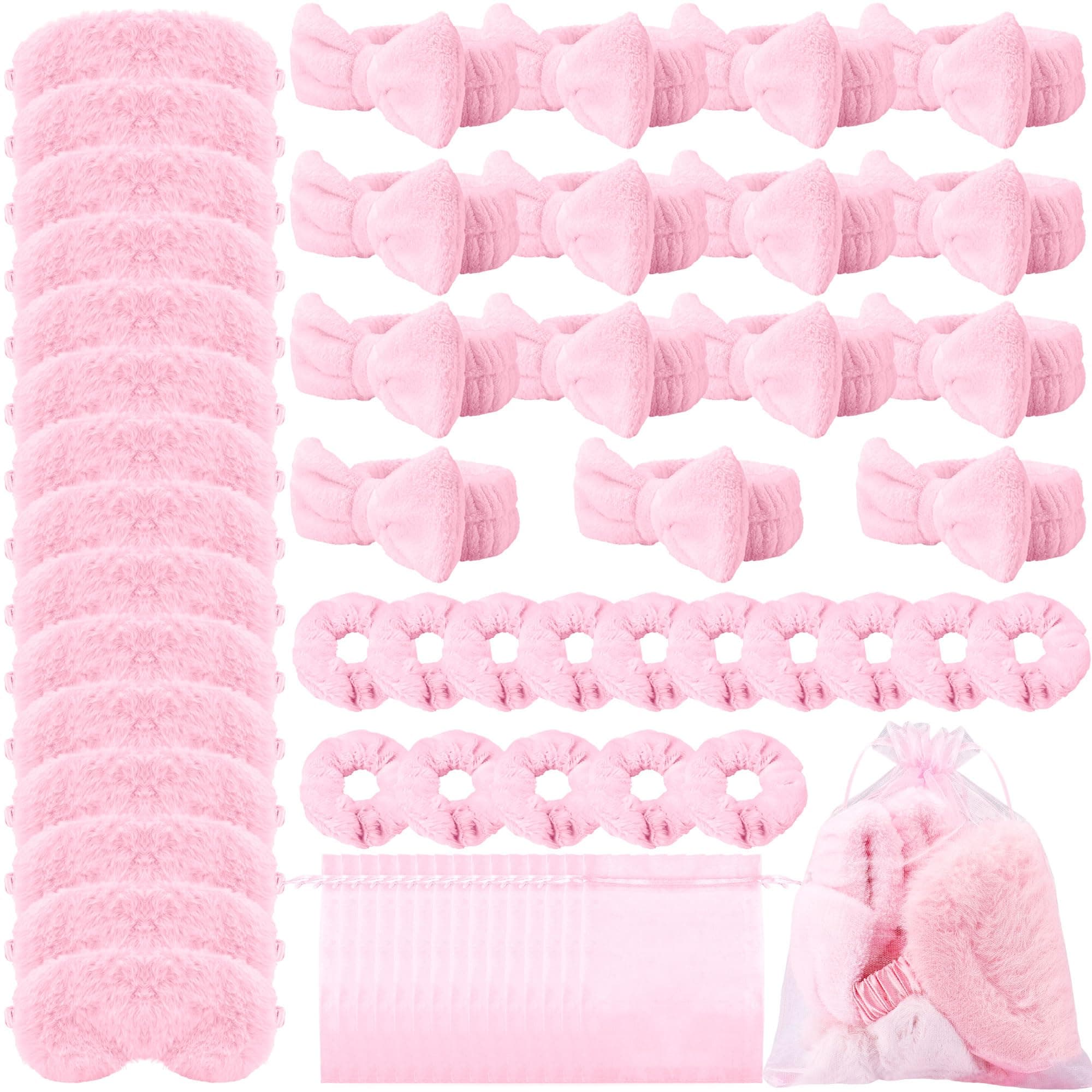 Faytark 15 Set 60 Pcs Pink Spa Party Supplies Bulk Including Pink Spa Headband Plush Eye Mask Scrunchies Organza Bags for Girls Sleepover Party Supplies Birthday Gifts