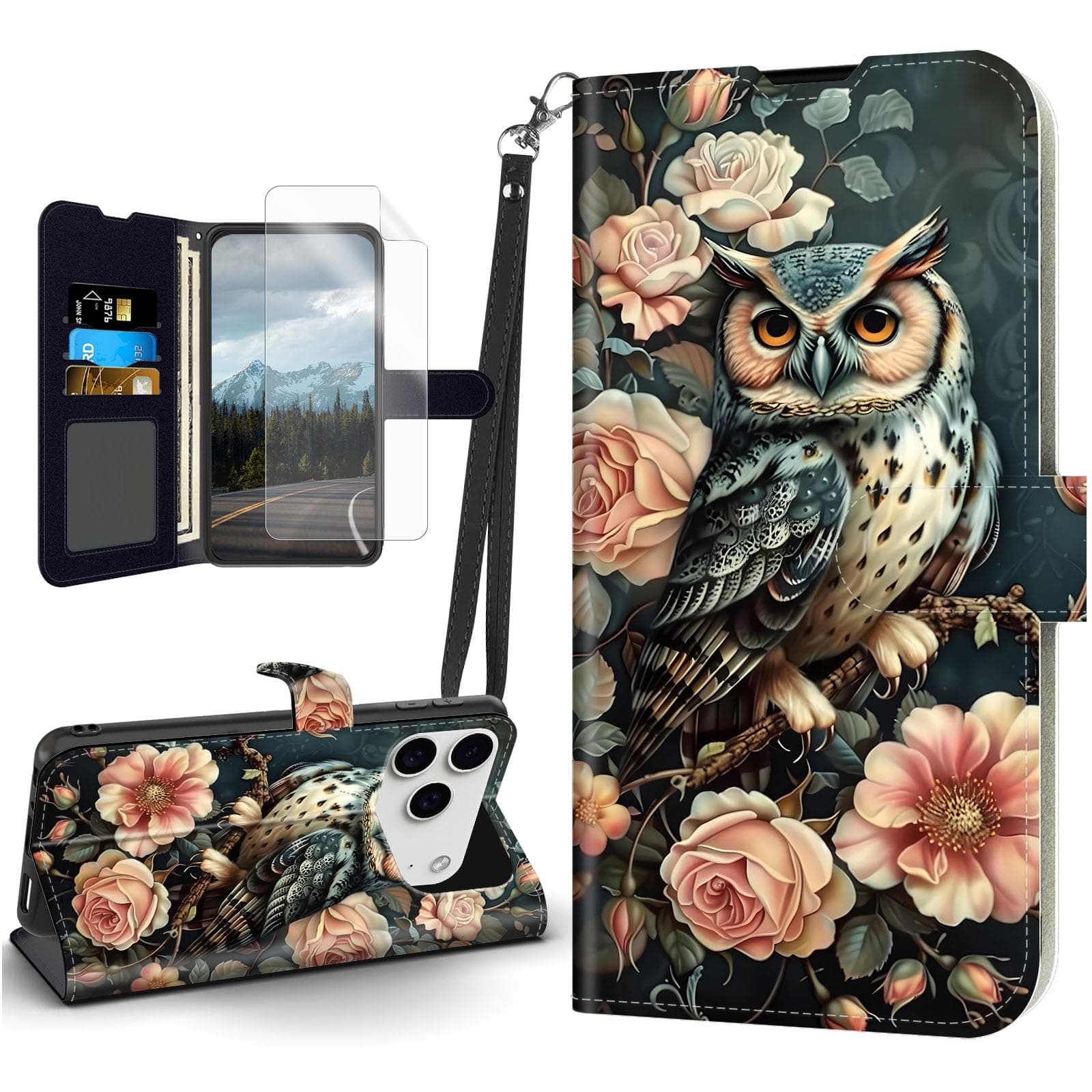 Tudguiloae for iPhone 17 Pro Case, Flip PU Leather Shockproof Owl Floral Phone Case for iPhone 17 Pro, Magnetic Clasp Phone Wallet Kickstand with Card Holder Screen Protector