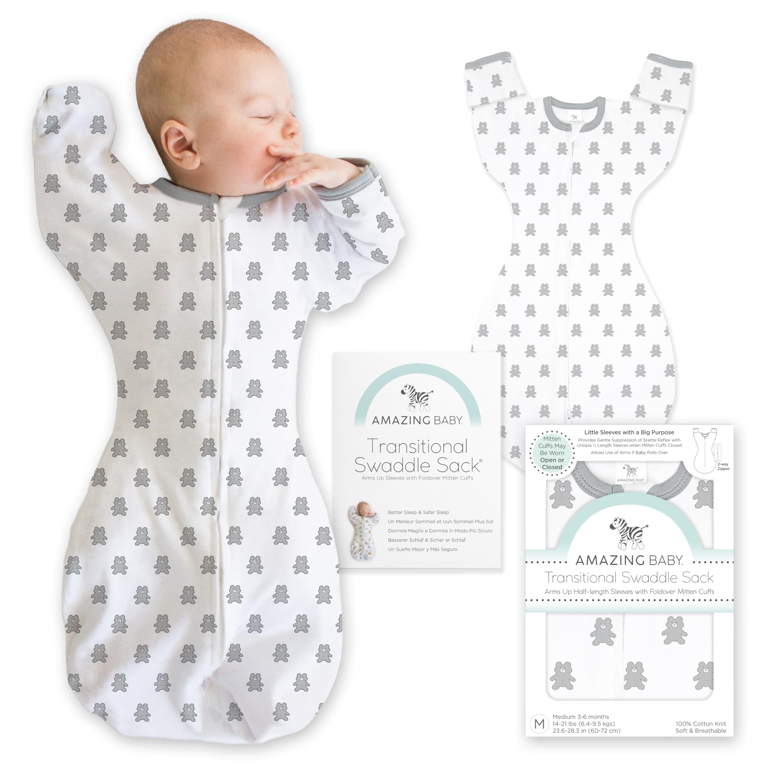 Amazing Baby Transitional Swaddle Sack, Arms Up Half-Length Sleeves & Mitten Cuffs, Swaddle for Newborn Transition to Baby Sleep Sack Wearable Blanket, Sm, 0-3 Month, 6-14 lb, Sterling Tiny Bears
