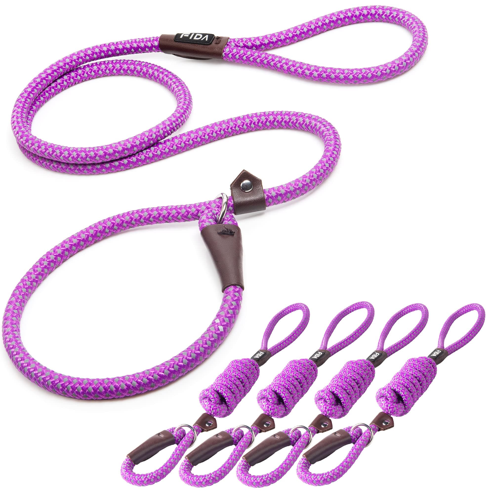 Fida Durable Slip Lead Dog Leash Bulk Pack of 5, Heavy Duty 1/2" x 6 FT Comfortable Strong Rope Slip Leash for Large, Medium Dogs with Highly Reflective, Purple