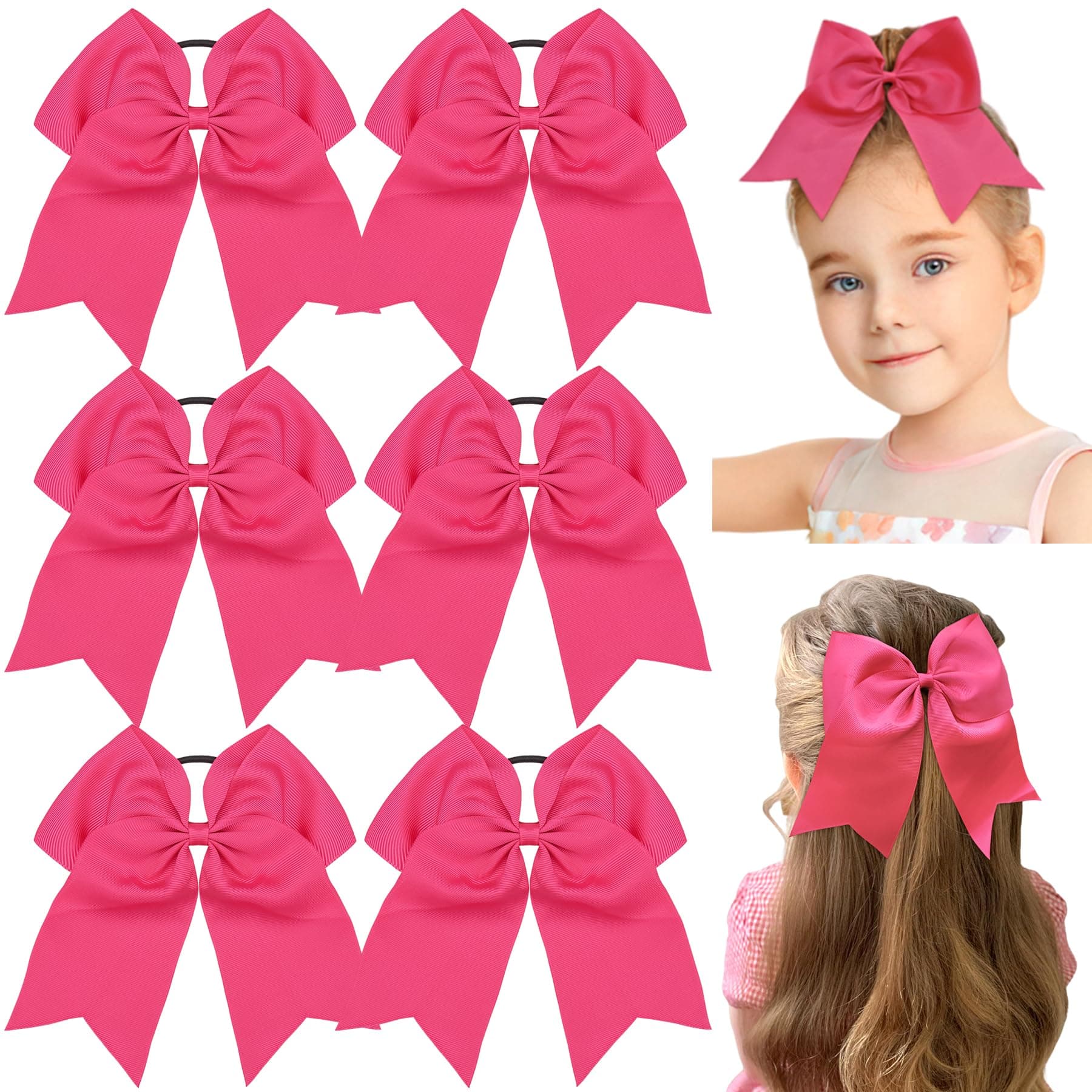 JOYOYO 6Pcs 8" Large Cheer Bows for Girls Ponytail Holder Black Grosgrain Ribbon Cheerleading Bows Elastic Hair Tie Bands for Baby Girls School College Teens Senior Cheerleader (Hotpink)