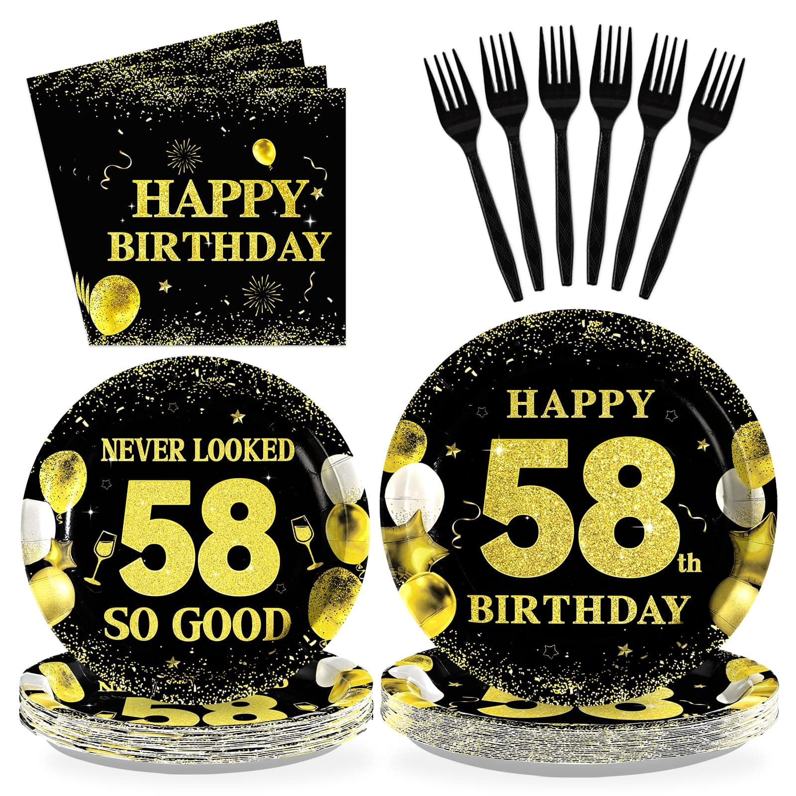 Greencian 96Pcs 58th Birthday Decorations for Men Women Black Gold 58th Birthday Party Plates Disposable 58 Paper Tableware Set for Happy 58 Year Old Party Supplies Serves 24