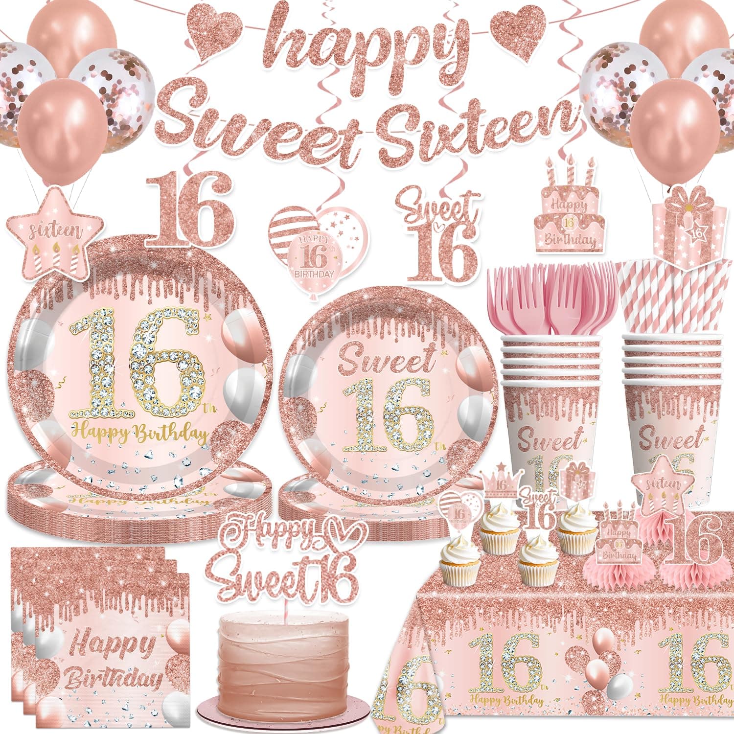 Cocomigo 363Pcs Pink Sweet 16 Party Decorations Tableware Set, Serves 50