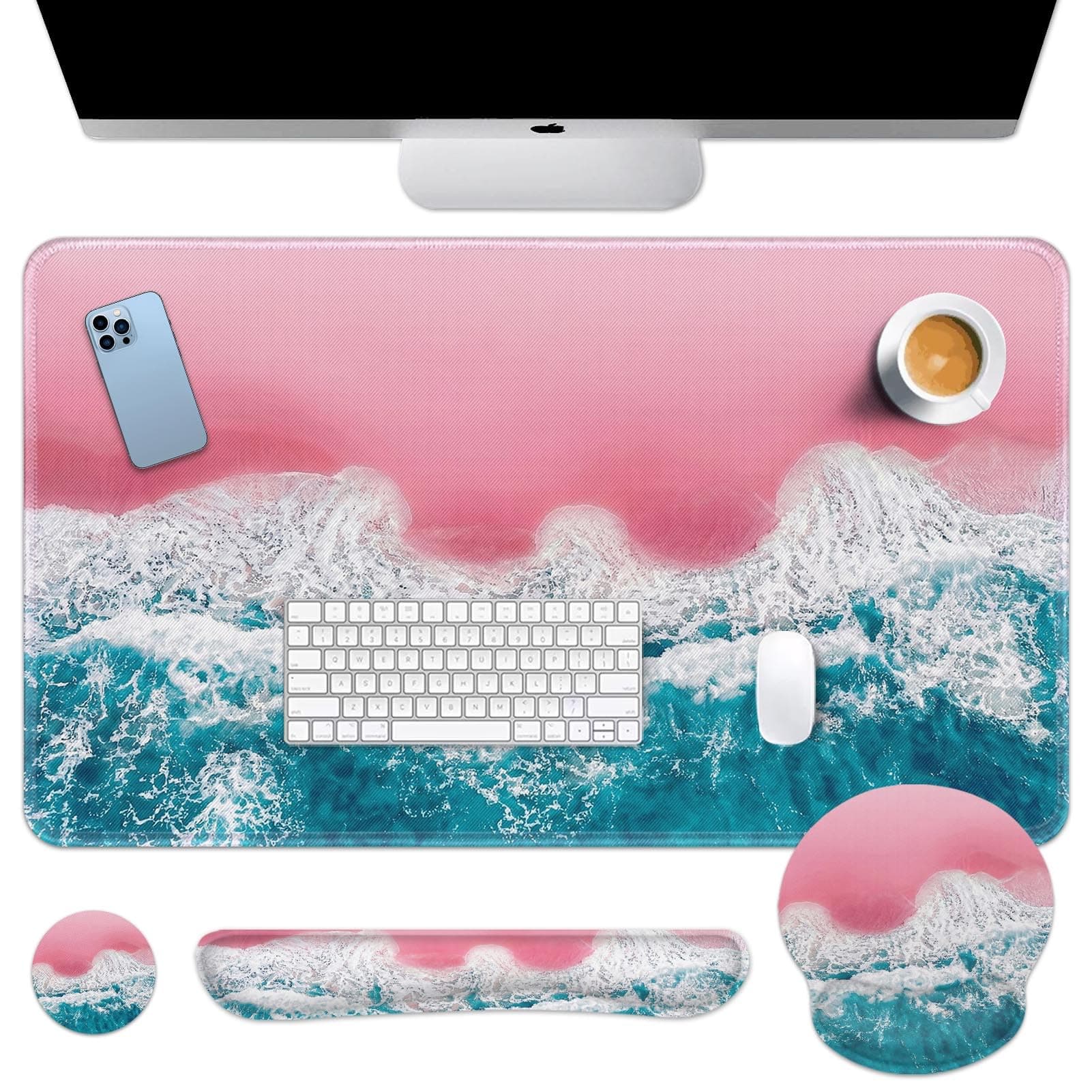 Britimes Keyboard Mouse Pad Set, 4 in 1 Desk Mat Set, Pink Sand