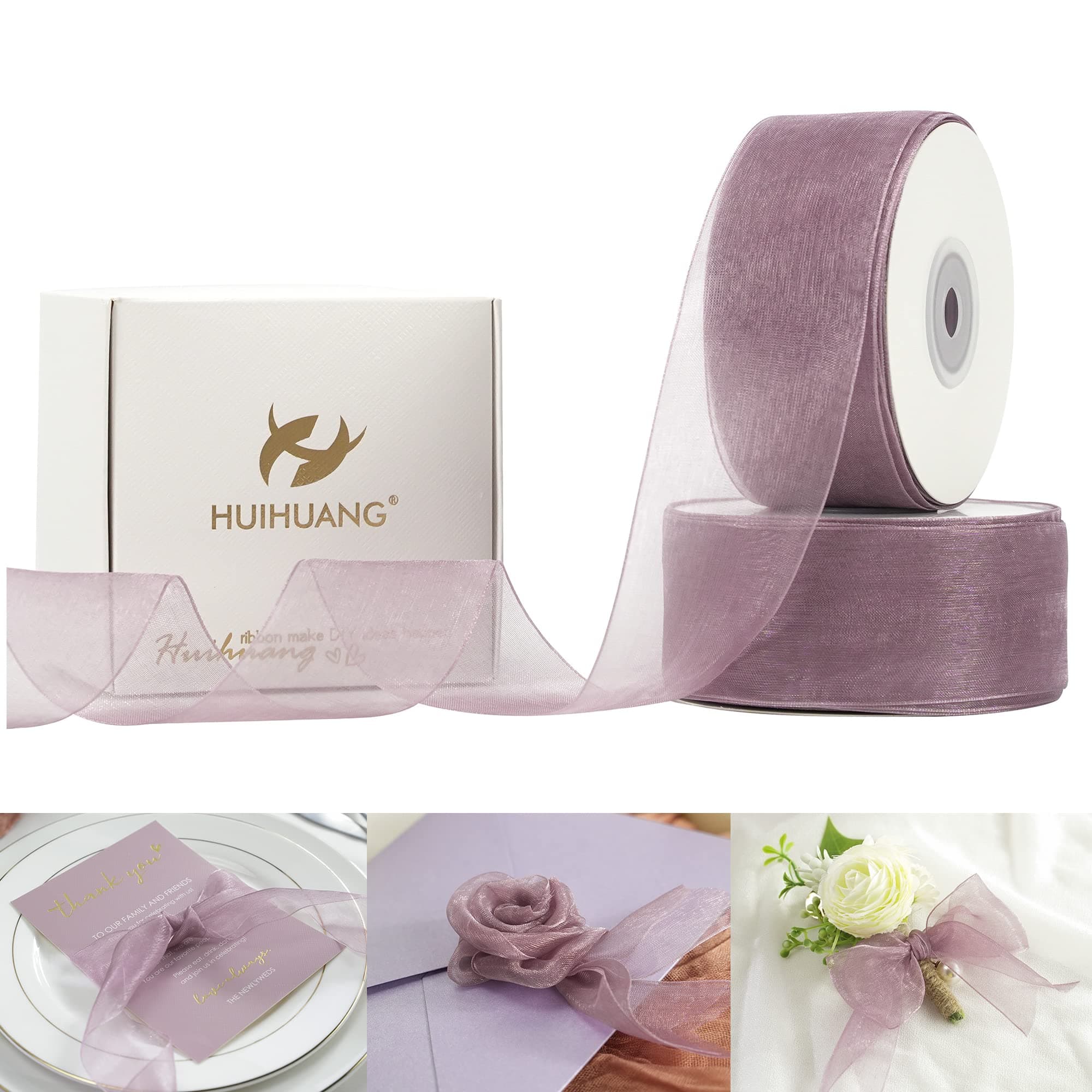 HUIHUANG 2 Rolls Shimmer Sheer Organza Ribbon 1-1/2 Inch Dark Rose Chiffon Fabric Ribbon for Crafting, Wedding Gift Wrapping, Floral Bouquet, Baby Shower, All Types of Crafts - 50 Yards Each Roll