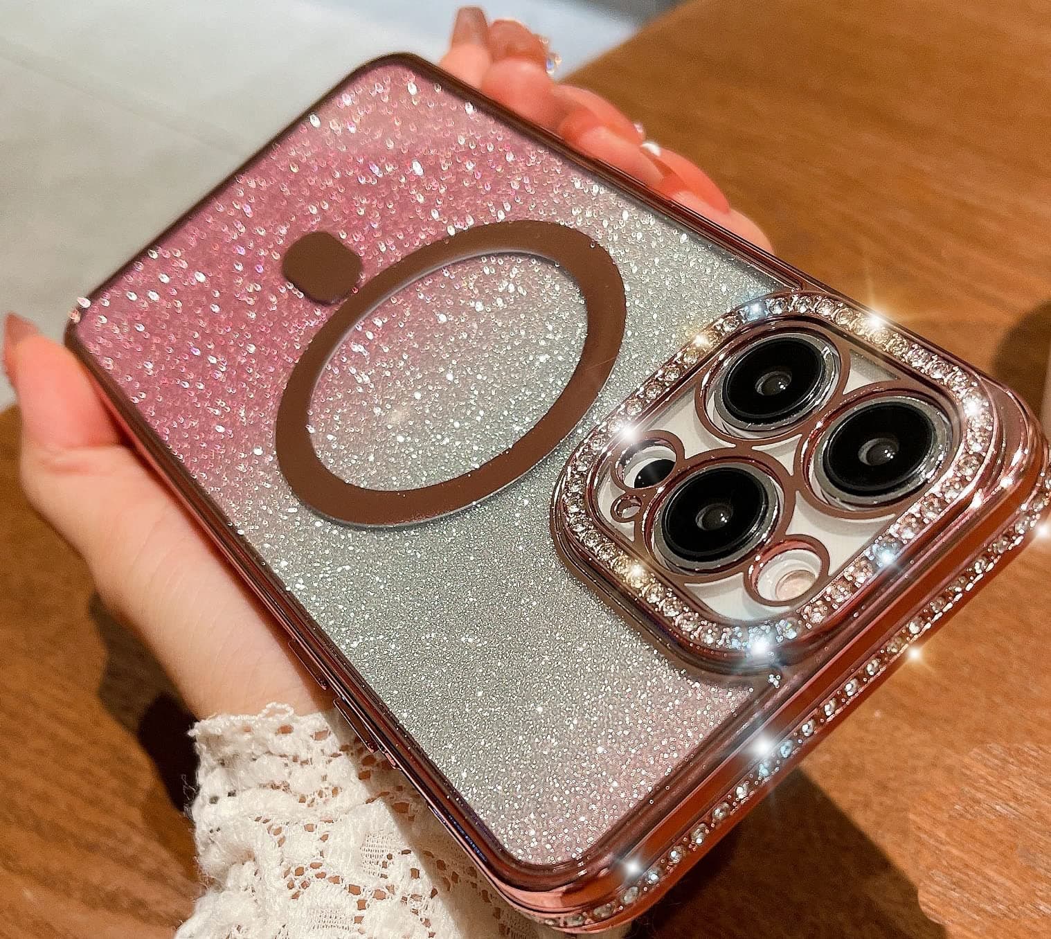 wahhle for iPhone 12 Pro Magnetic Glitter Case, Luxury Plating Cute Bling Diamond Inlay Phone Cover Compatible with Magsafe for Women Girls（iPhone 12 Pro,Pink）