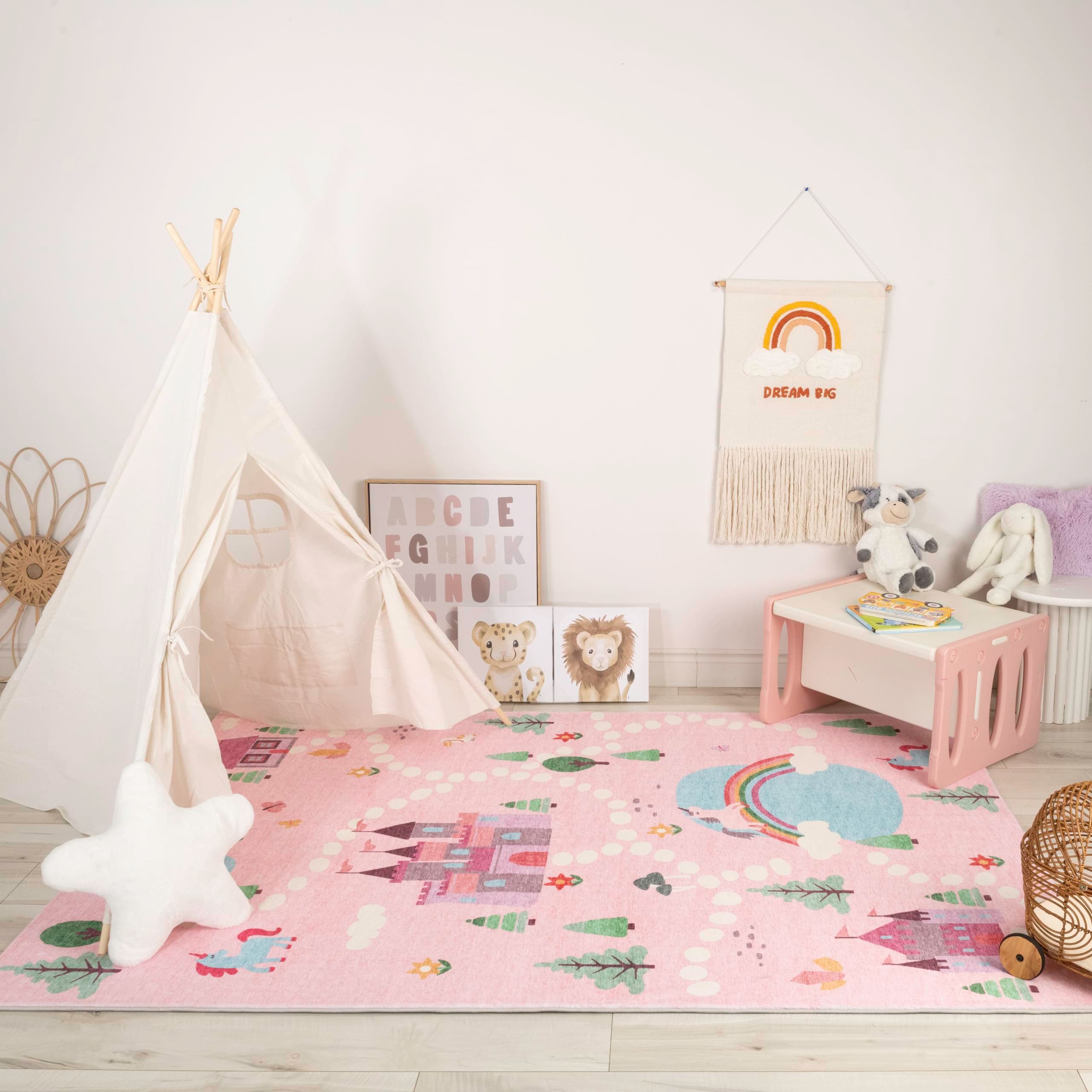 Rug Branch Everly Castle Map Washable Kids Area Rug 7' x 10' Pink & White