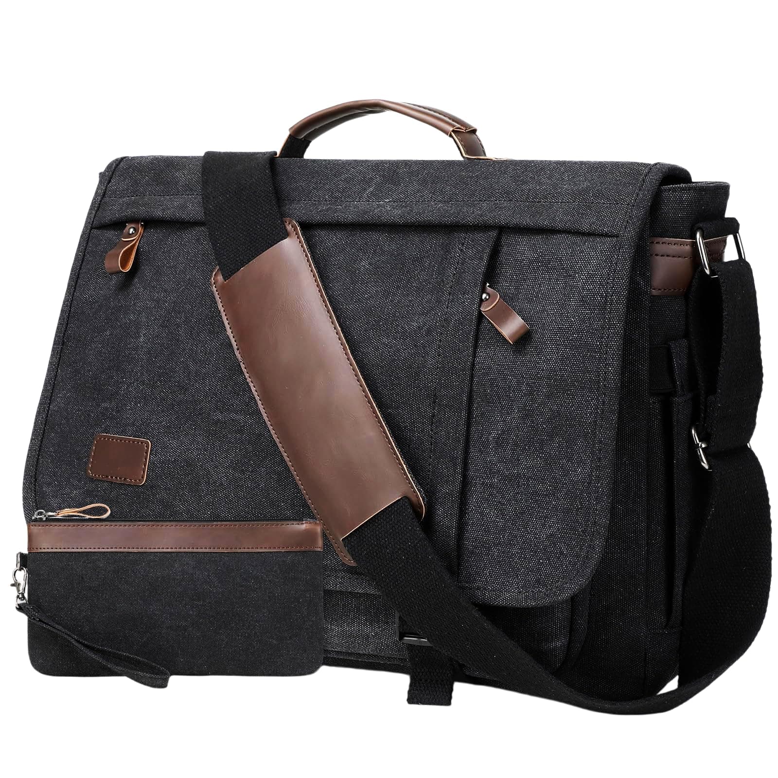 17.3 Inch Messenger Bag for Men: 2PCS Laptop Work PU Leather Canvas Briefcase Carry On Large Computer for Office College Travel (Black)