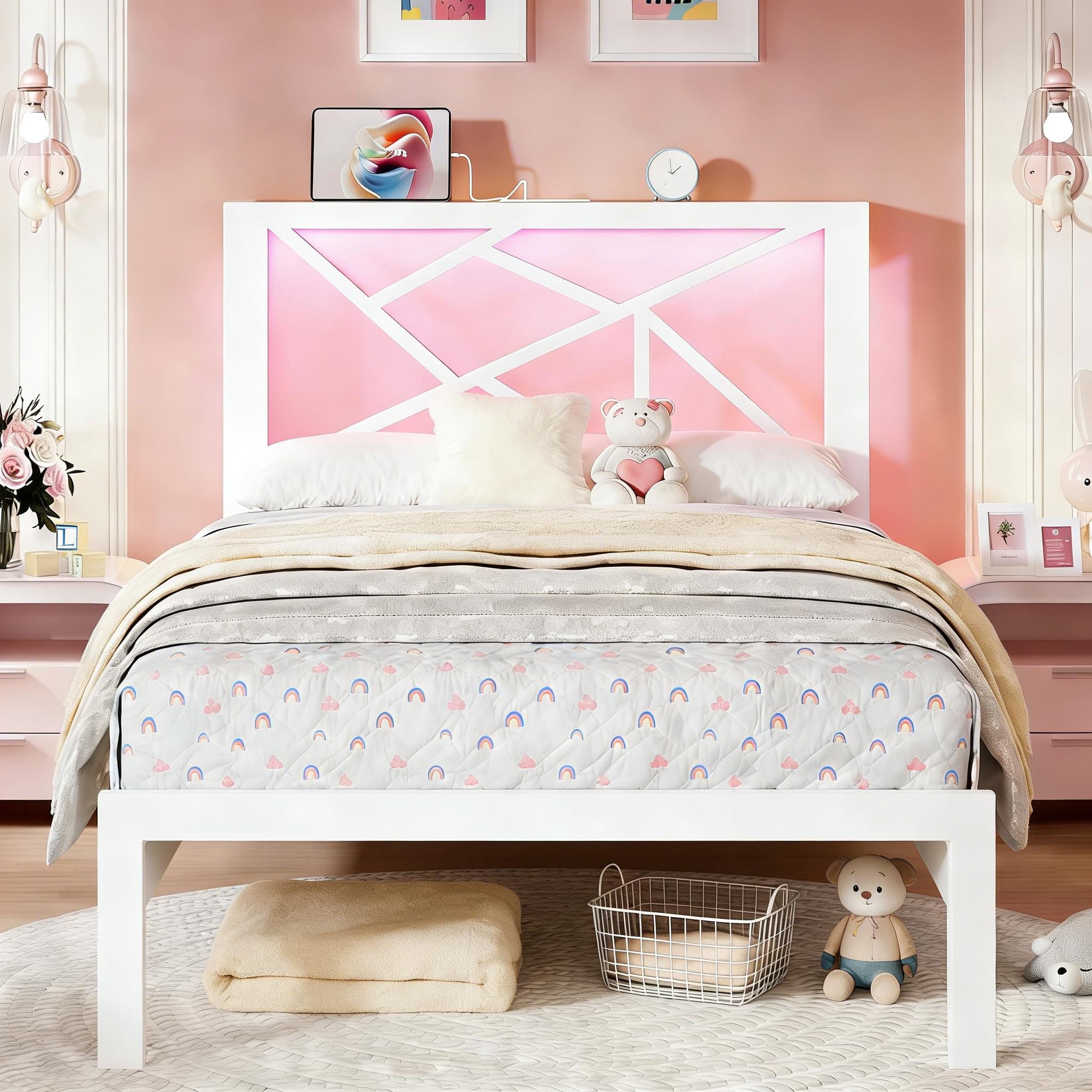 D&H FURNIMMT Twin Bed Frame with Storage Headboard, Charging Station with USB, Type-C & AC Outlets, RGB LED Lights, Metal Platform Bed, 10.4" Underbed Storage, No Box Spring Needed, Noise Free, White