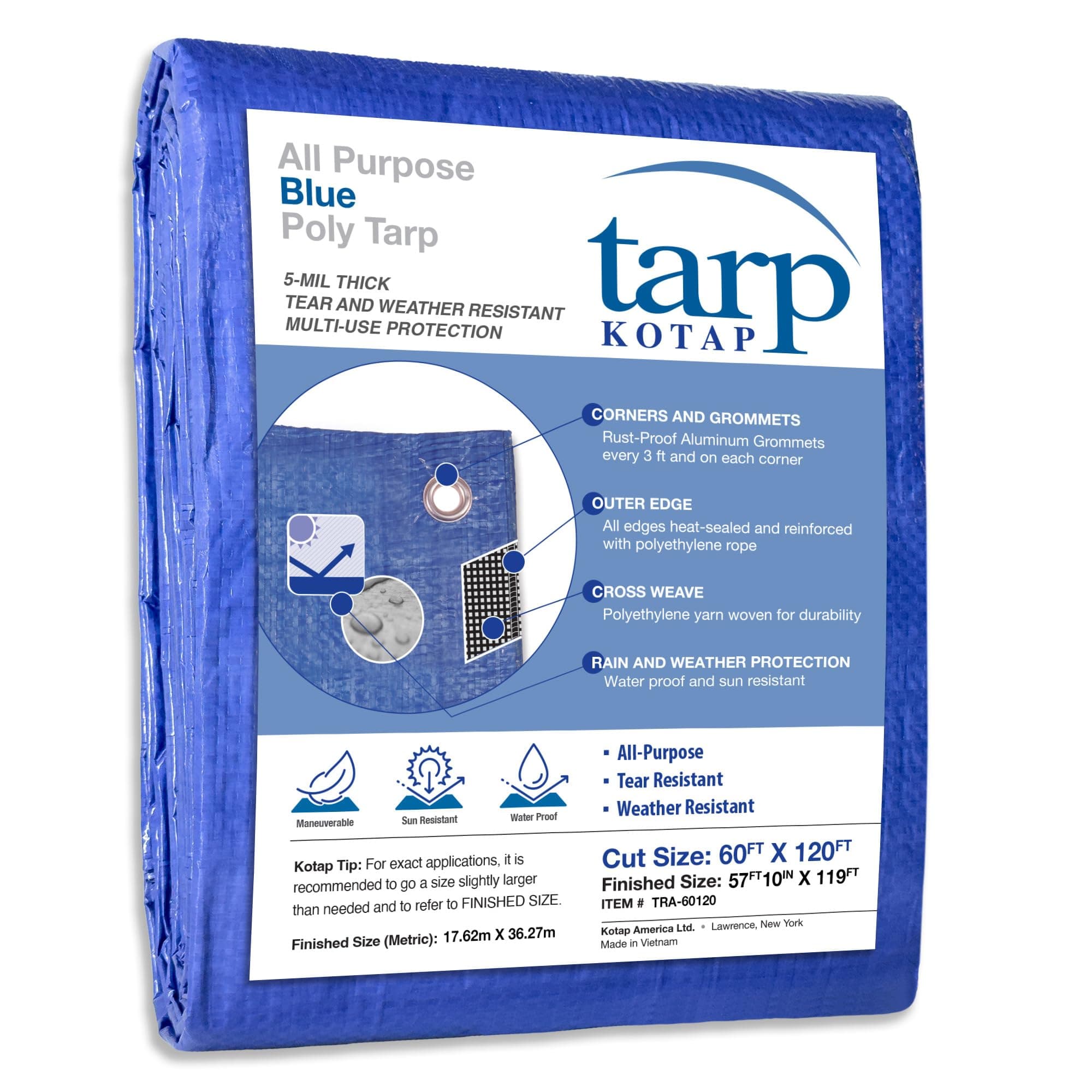 Kotap 60-ft x 120-ft General Purpose Blue Poly Tarp, Item: TRA-60120