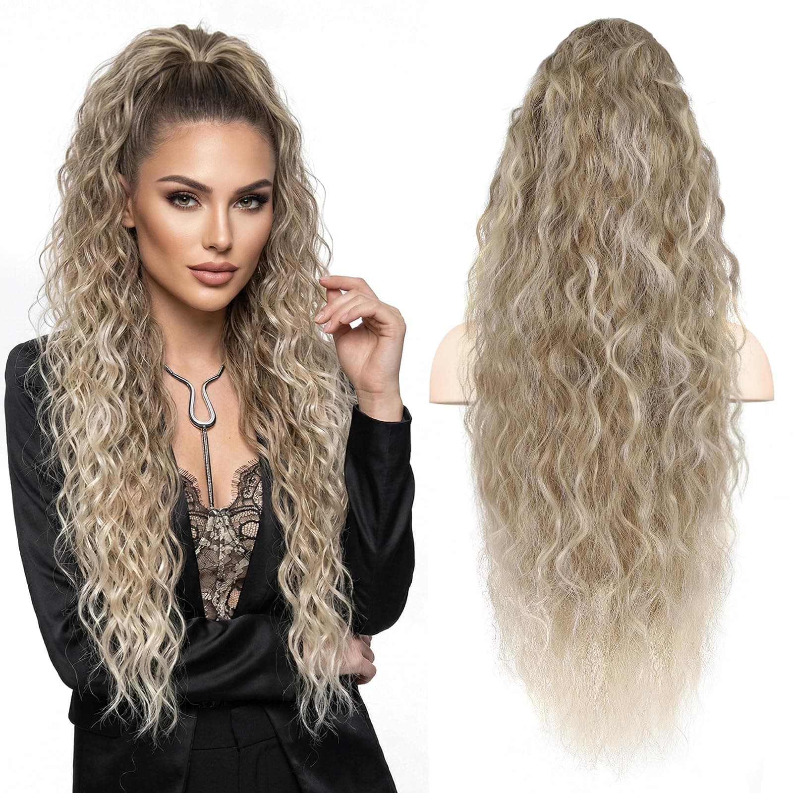 30 Inch Ponytail Extension, Clip on Ponytails for Women, Long Curly Ponytail Extensions for Women, Synthetic Layered Pony Tails Hair Extensions (Color: Ash Blonde with Bleach Blonde Ends)